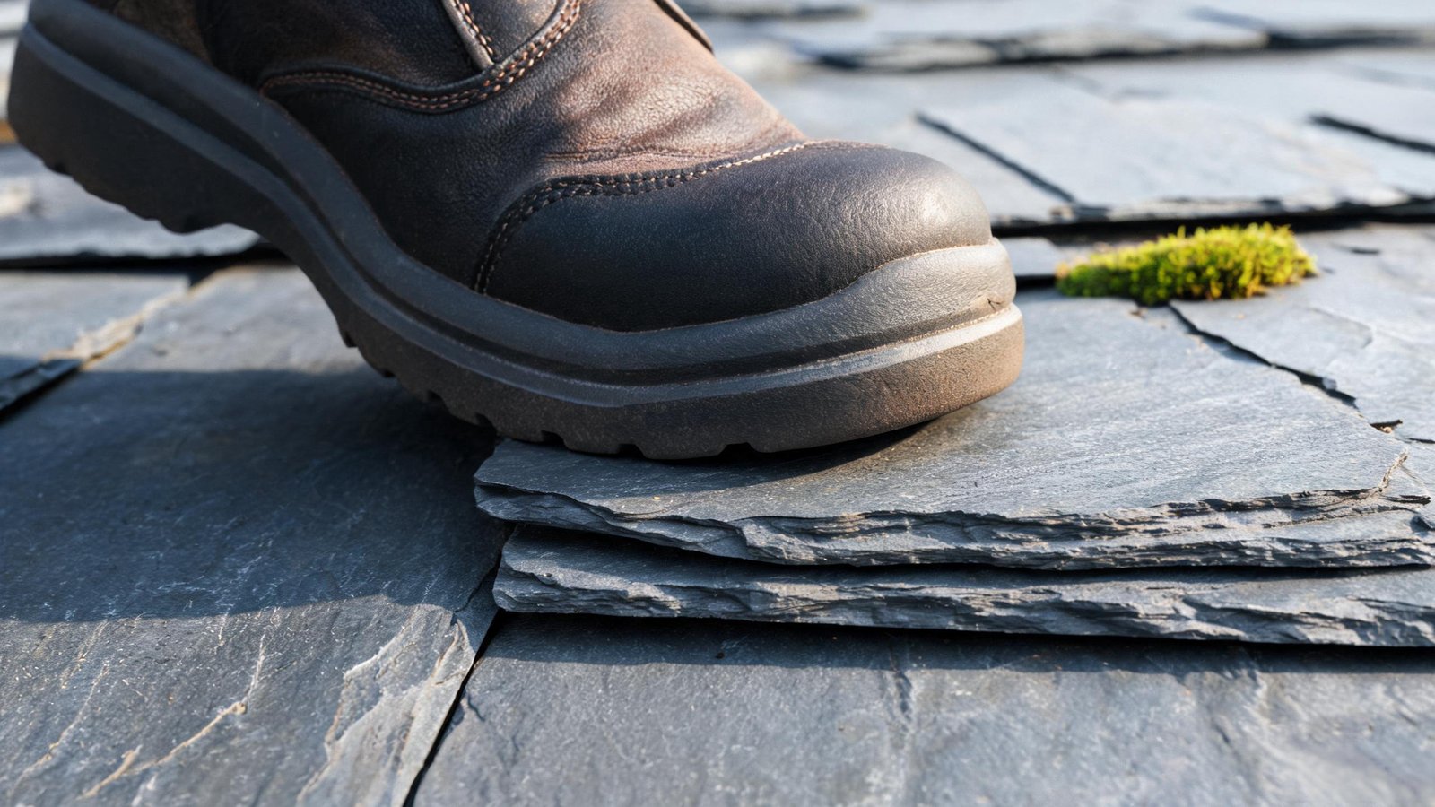 Soft-soled boot on slate — stepping on the supported edge, not the centre Close-up of a soft-soled work boot stepping on the overlap area of a natural slate tile