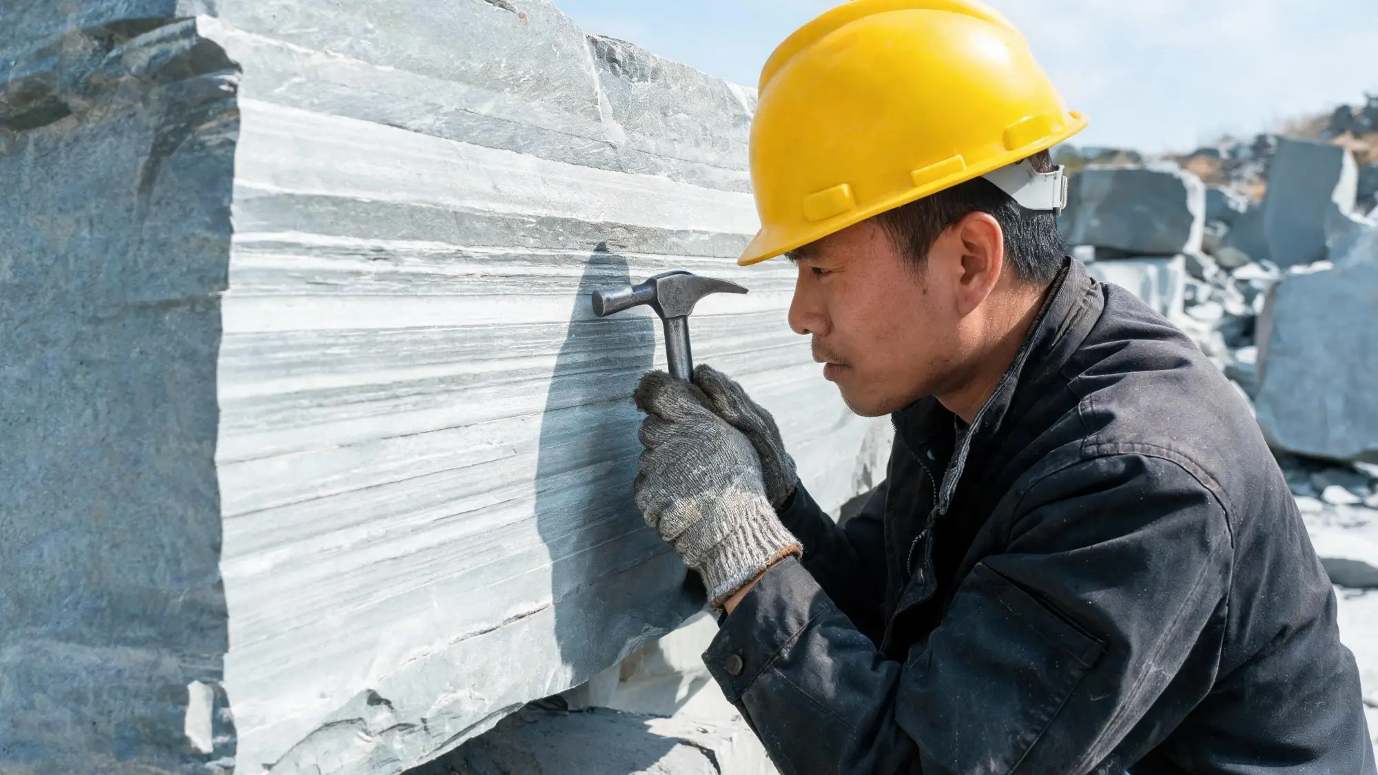 Sound test — verifying block integrity after extraction Quarry foreman tapping a slate block with a hammer to test soundness by listening