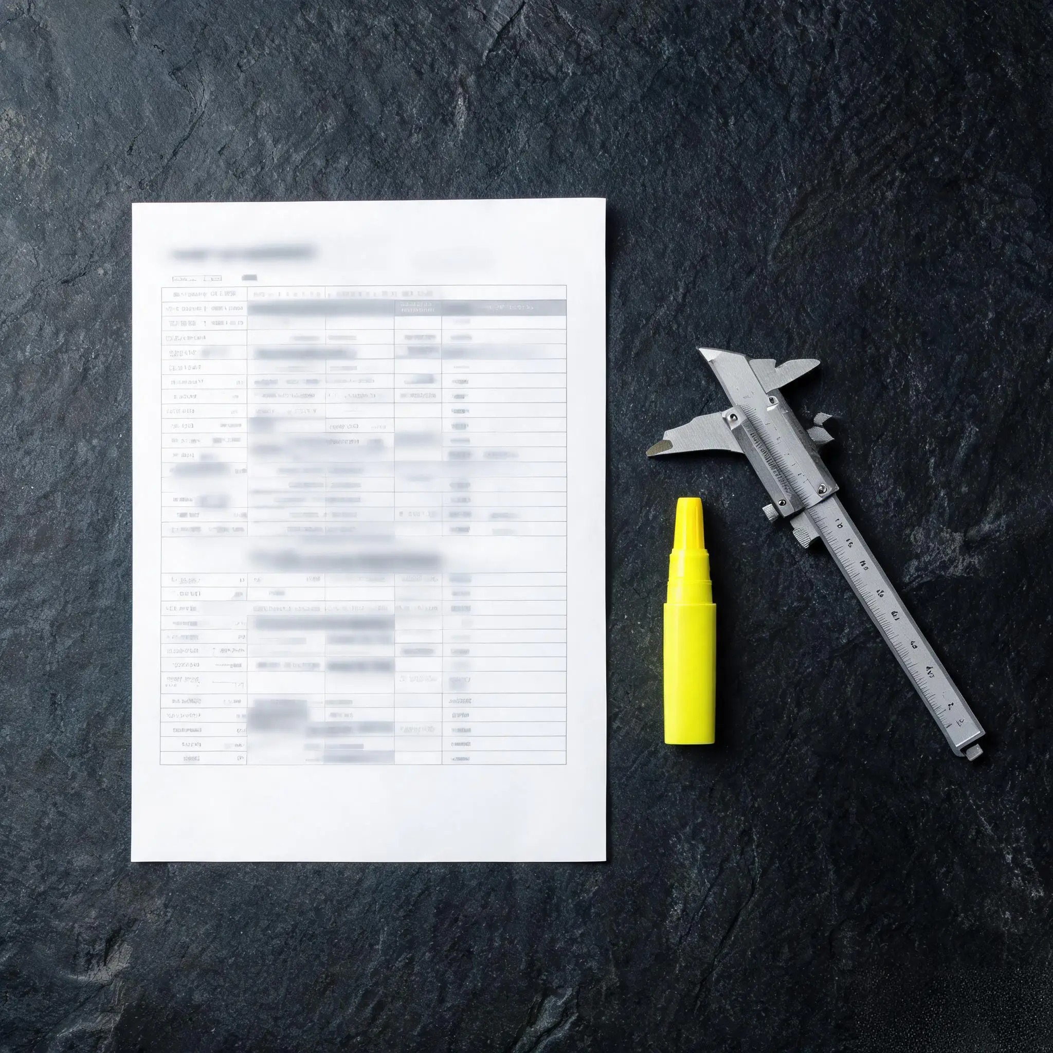 Laboratory test report for roofing slate with caliper and highlighter on a slate surface