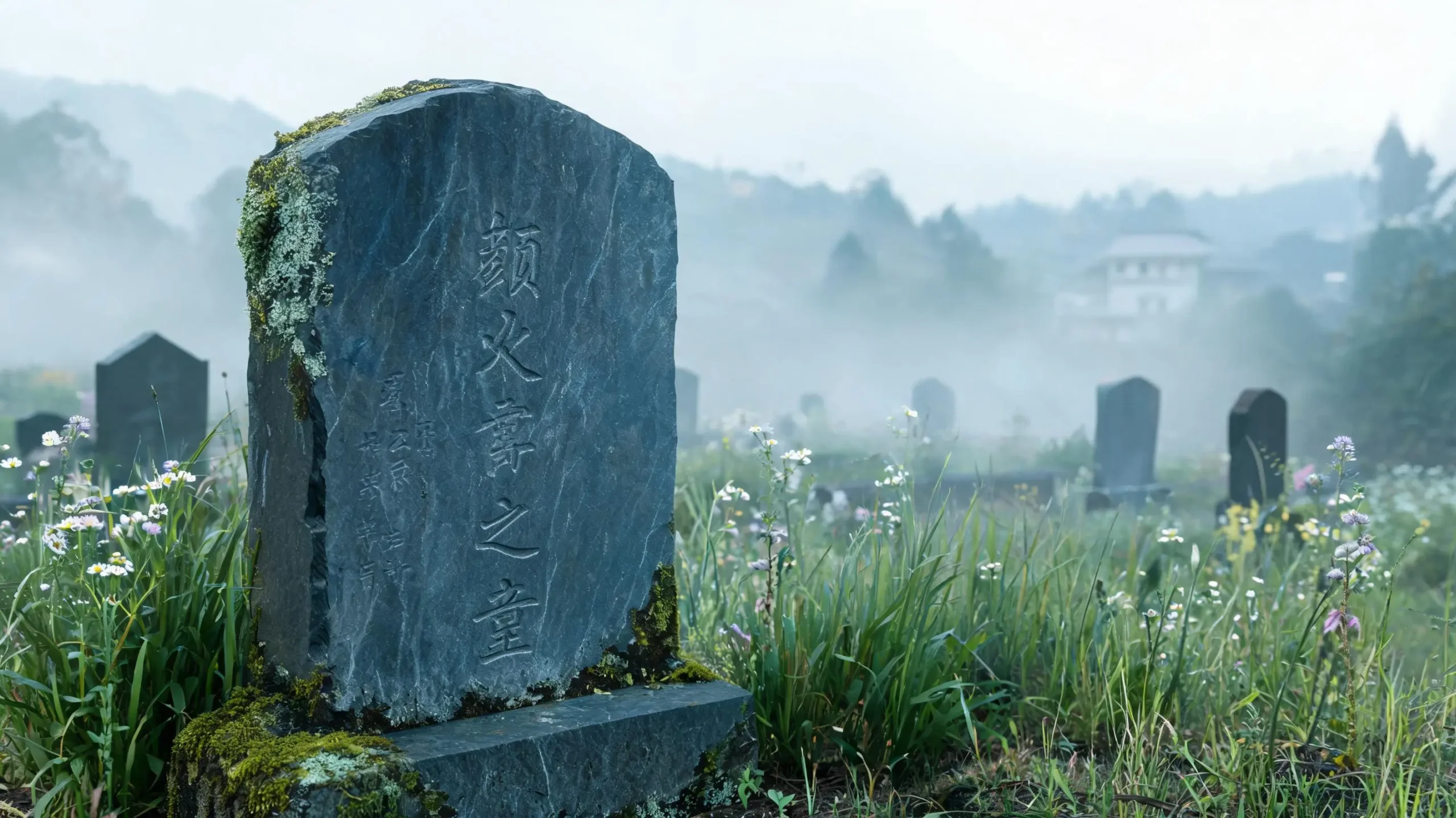 Weathered slate tombstone in a rural Jiujiang village graveyard, dark grey-blue stone still intact after 200 years of natural weathering, moss and lichen on the edges