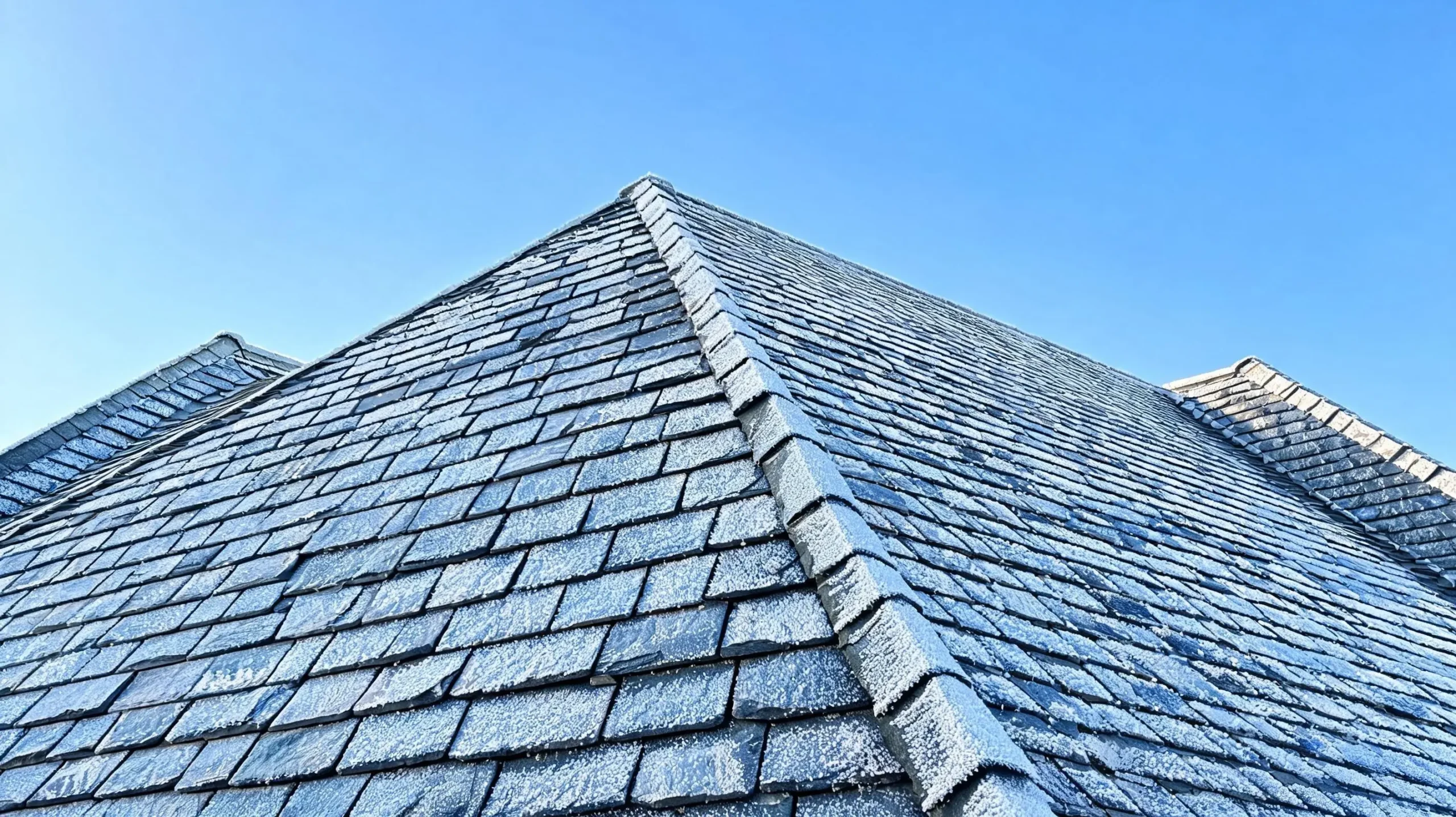 Slate Roof Maintenance Checklist 6 A well-maintained natural grey blue slate roof with neat ridges and hips covered in light winter frost against a blue sky