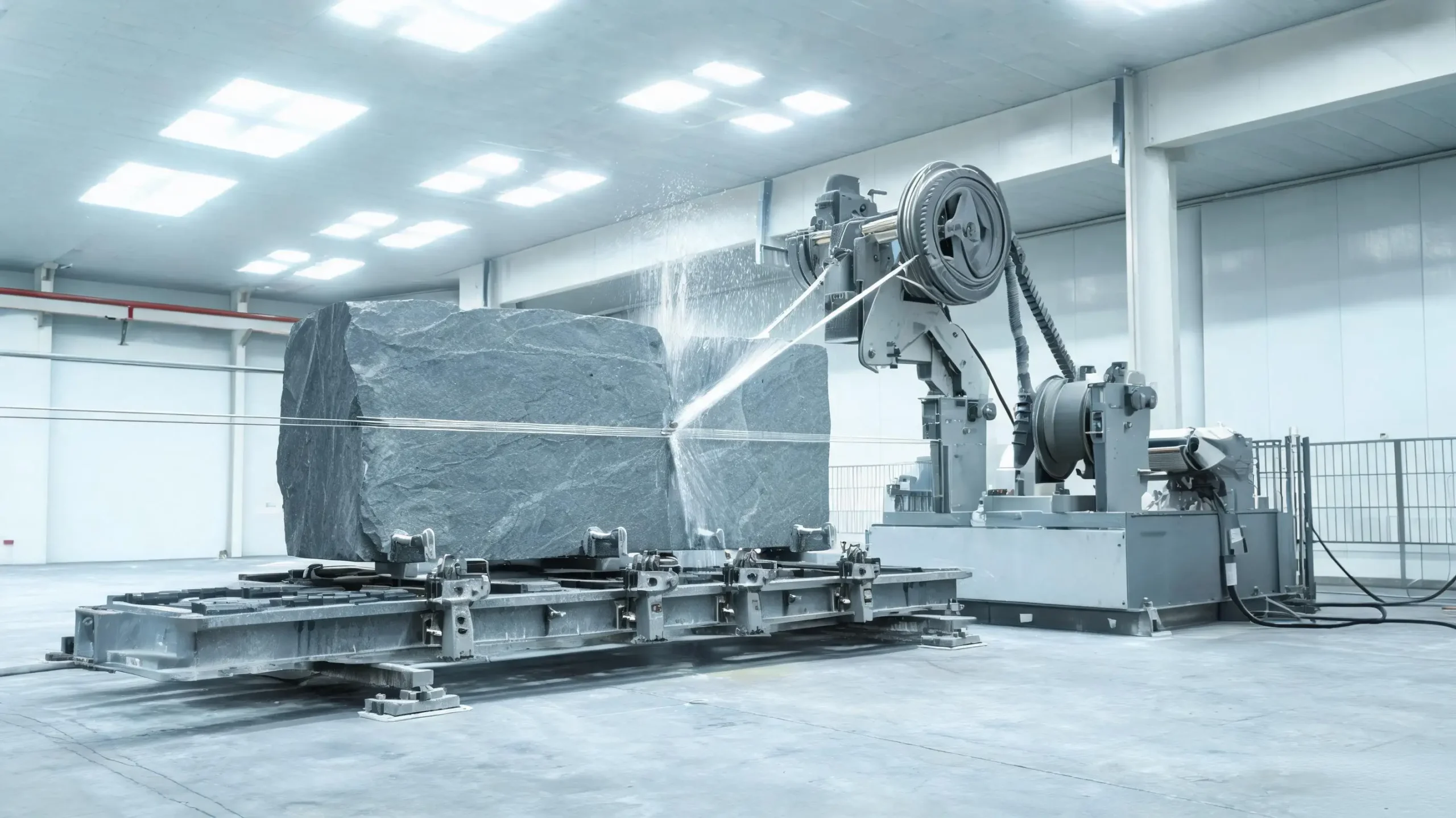 Wire saw cutting a billiard slate slab from a block Diamond wire saw cutting a large grey slate block into slabs for billiard panels