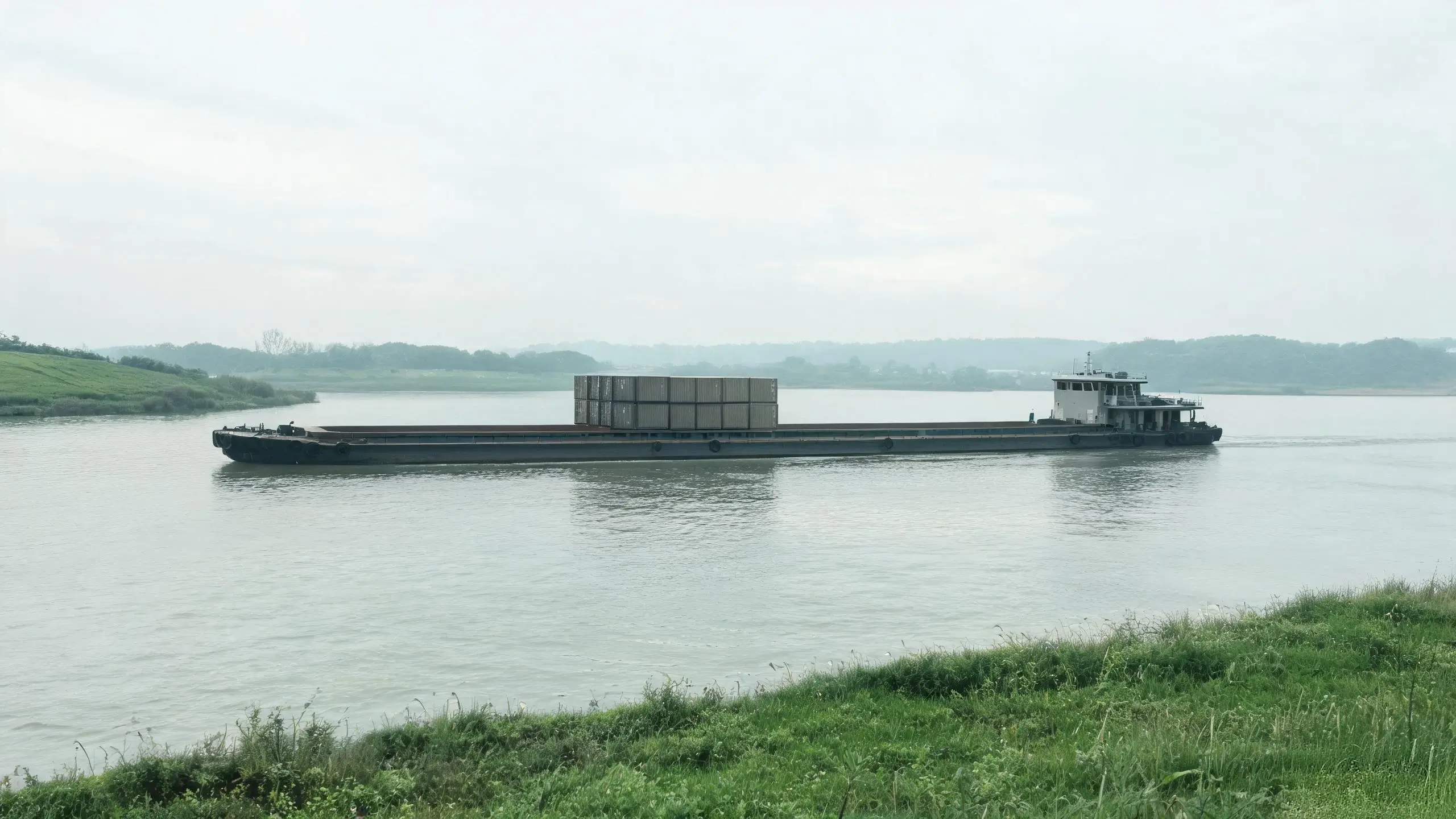 Yangtze River feeder barge carrying containers Container feeder barge loaded with shipping containers travelling down the Yangtze River