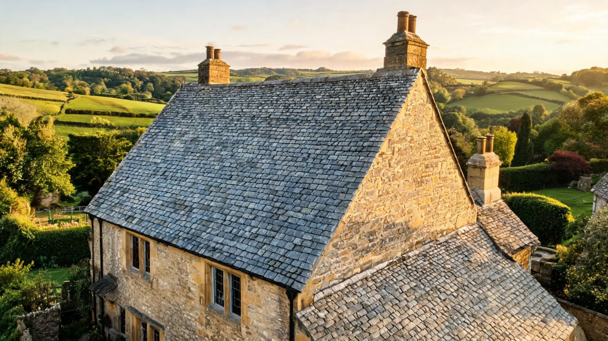 Historic Yorkshire manor house with random width roofing slate