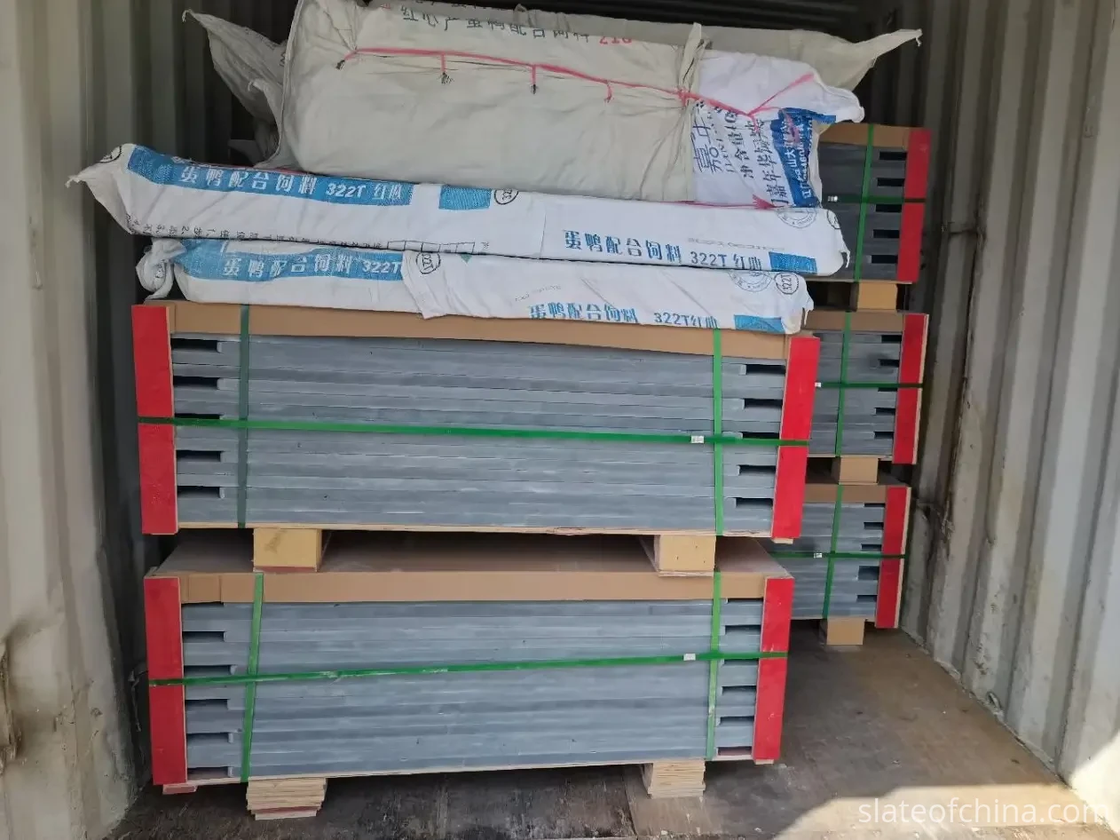 Billiard Slate Quality Control: What Buyers Should Check 5 Billiard slate pallets loaded and secured inside a shipping container for export