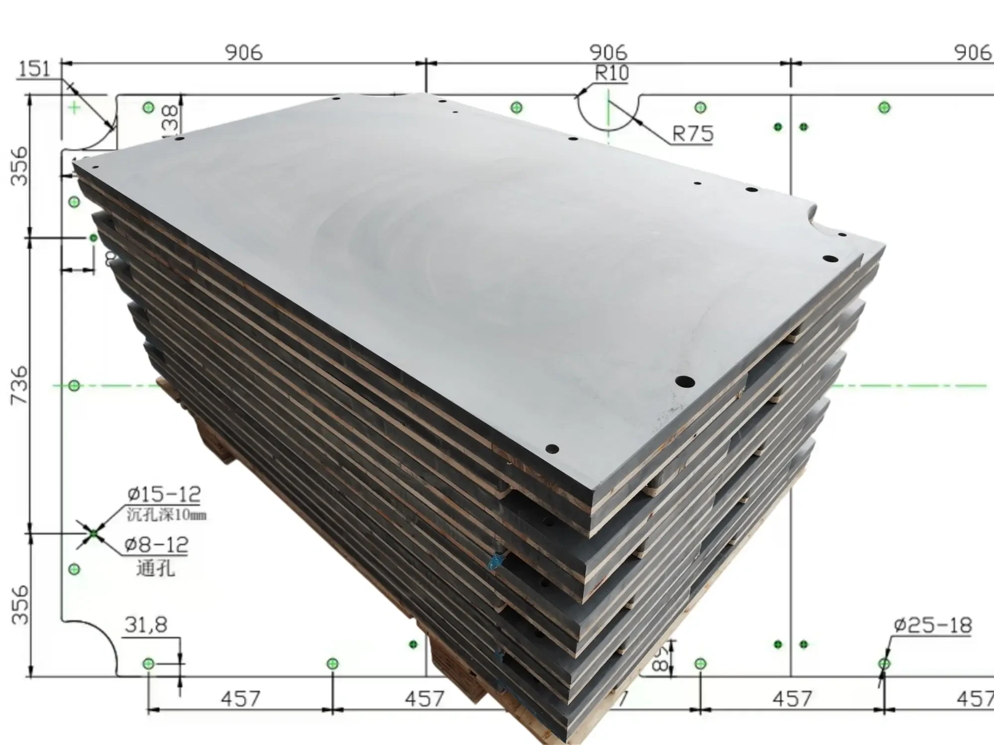 Billiard Slate Quality Control: What Buyers Should Check 3 Finished billiard slate panels stacked on a pallet with production drawing specifications showing the dimensions they were machined to
