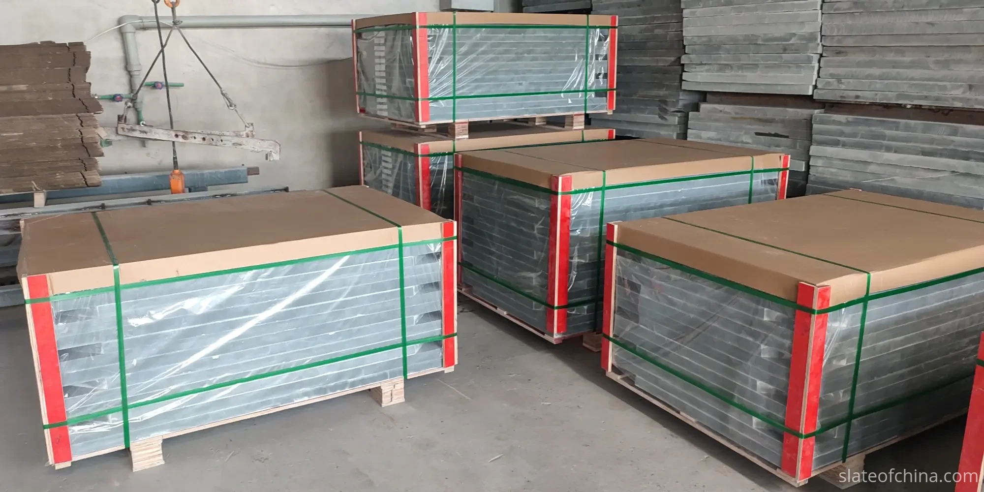 Billiard Slate Dimensions In Different Panel Sizes Packed stacks of billiard slate panels in different sizes inside a factory warehouse, wrapped and strapped on pallets with corner protectors