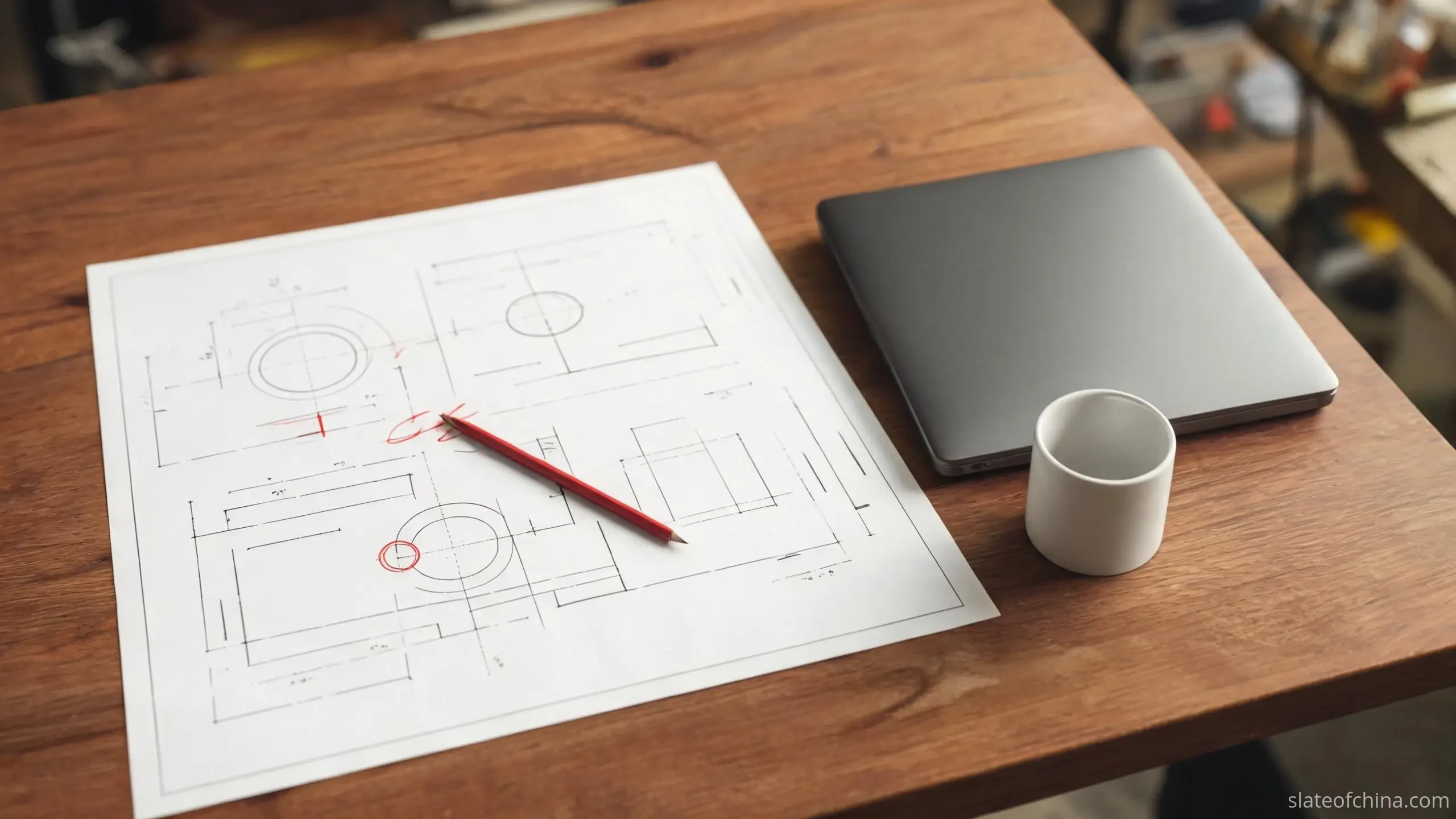 Printed technical drawing on a desk with hand-drawn red circles marking dimensions, a red pencil resting across the sheet