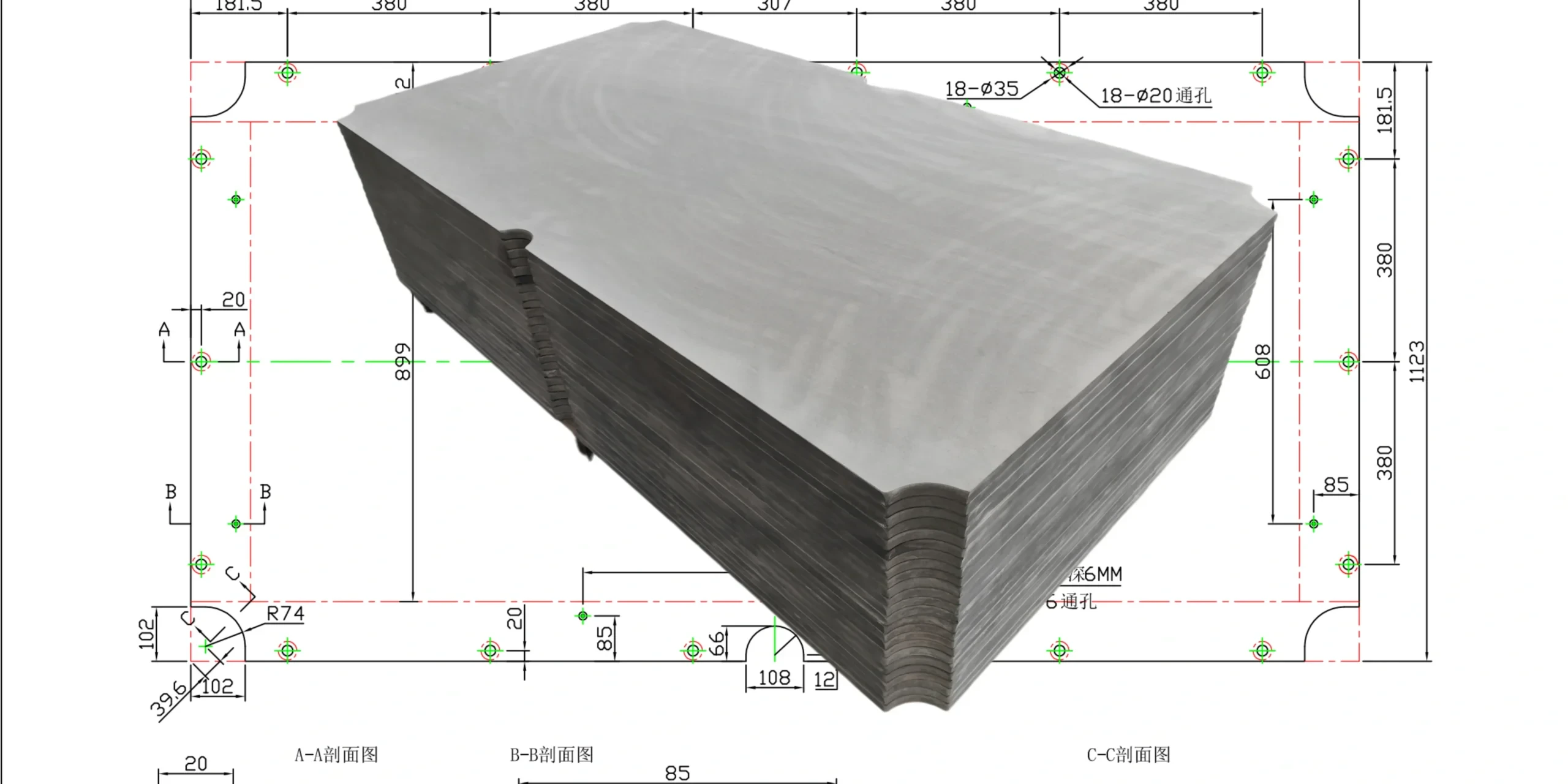 Production drawing for custom-machined slate panels with dimensioned views, section callouts, hole and notch positions, and a 3D preview of the finished stacked parts