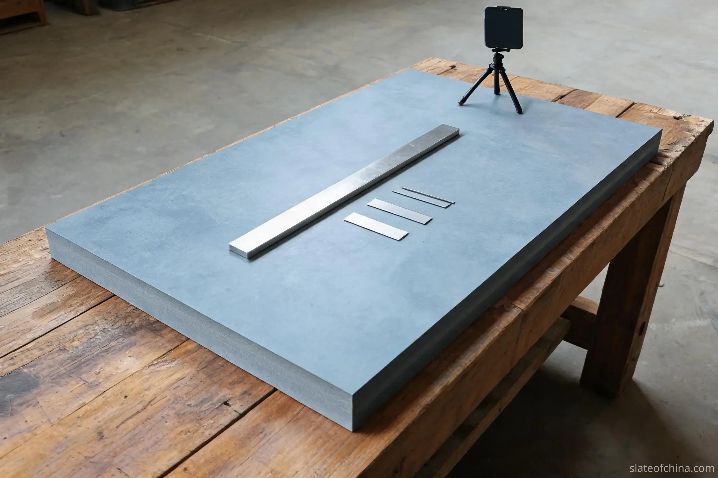 Billiard Slate Quality Control: What Buyers Should Check 6 Steel straightedge and gauge blades checking a billiard slate panel while a phone on a tripod films the measurement