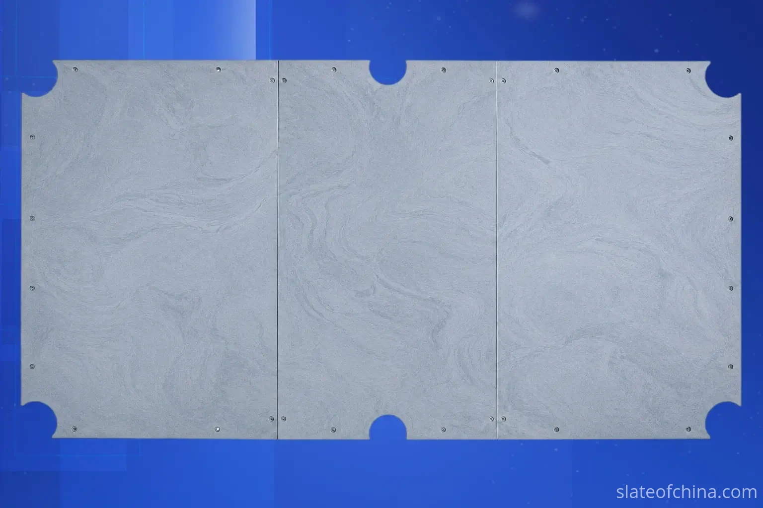 Top-down view of a three-piece billiard slate set showing the full mounting hole pattern with perimeter and interior holes