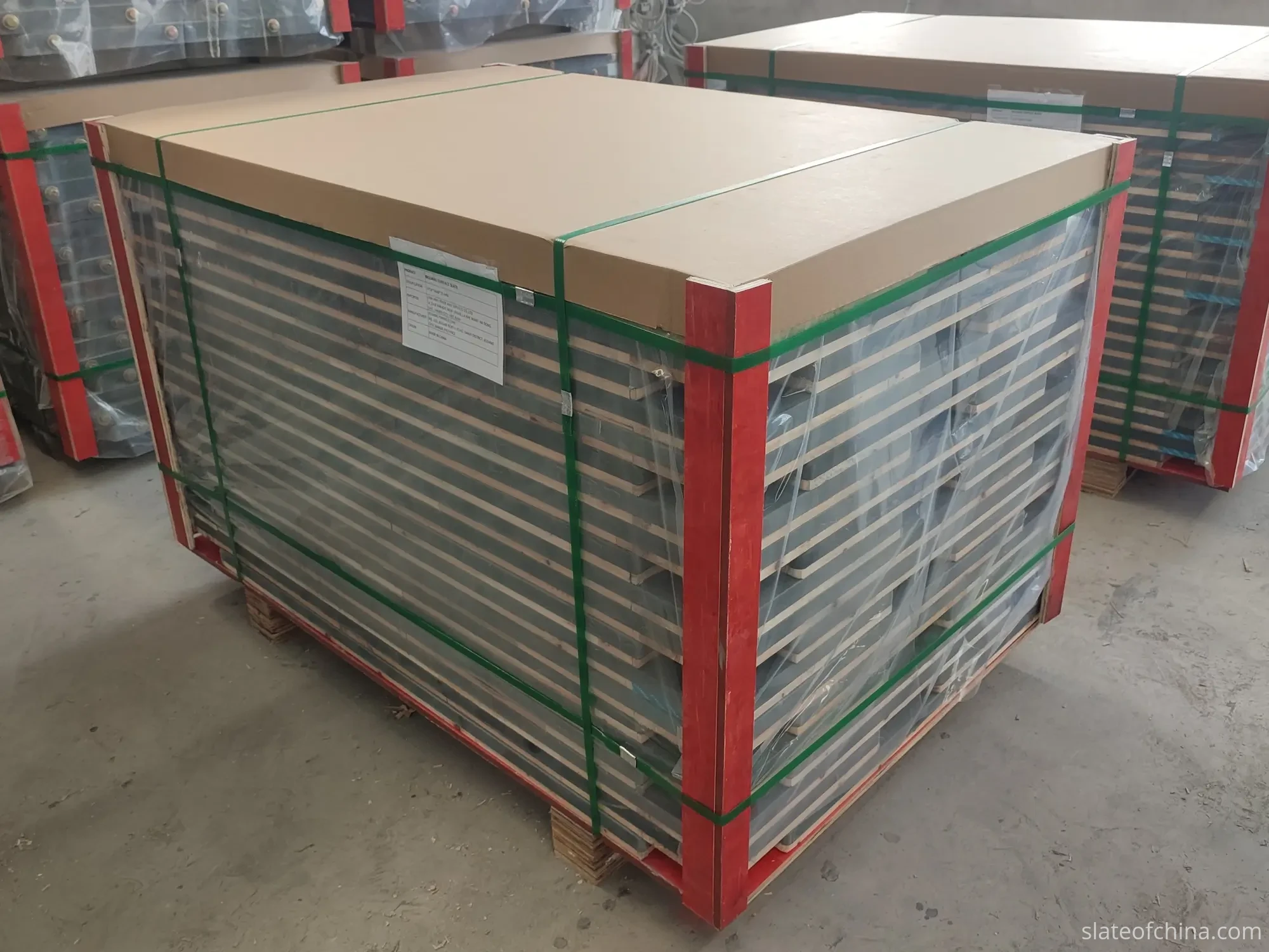 Billiard Slate Quality Control: What Buyers Should Check 4 Billiard slate panels stacked on export pallets with protective wrapping, edge bracing and strapping for sea transportation
