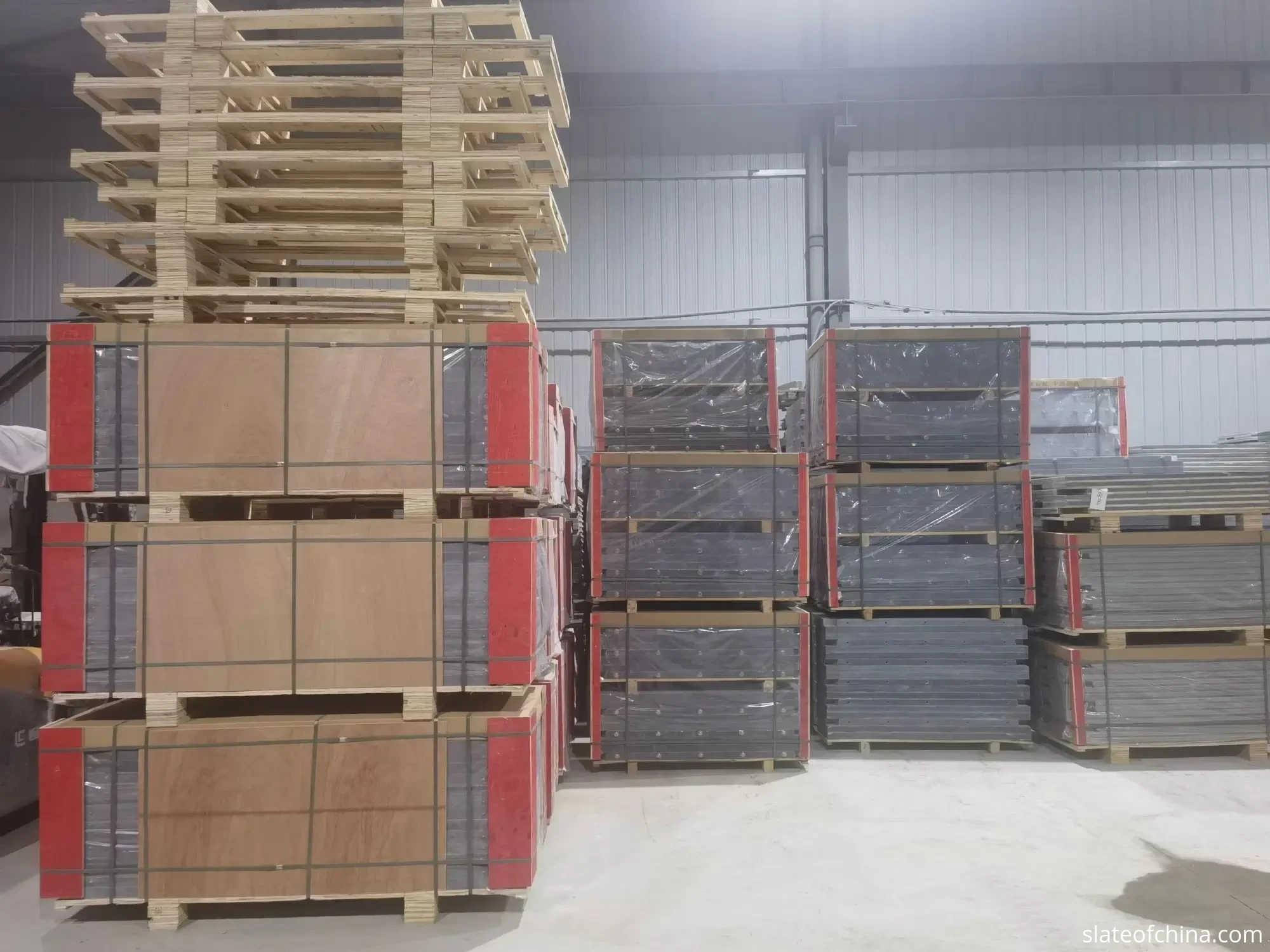 Billiard Slate Technical Specifications 1 Billiard slate panels of different table sizes stored upright in factory warehouse racks