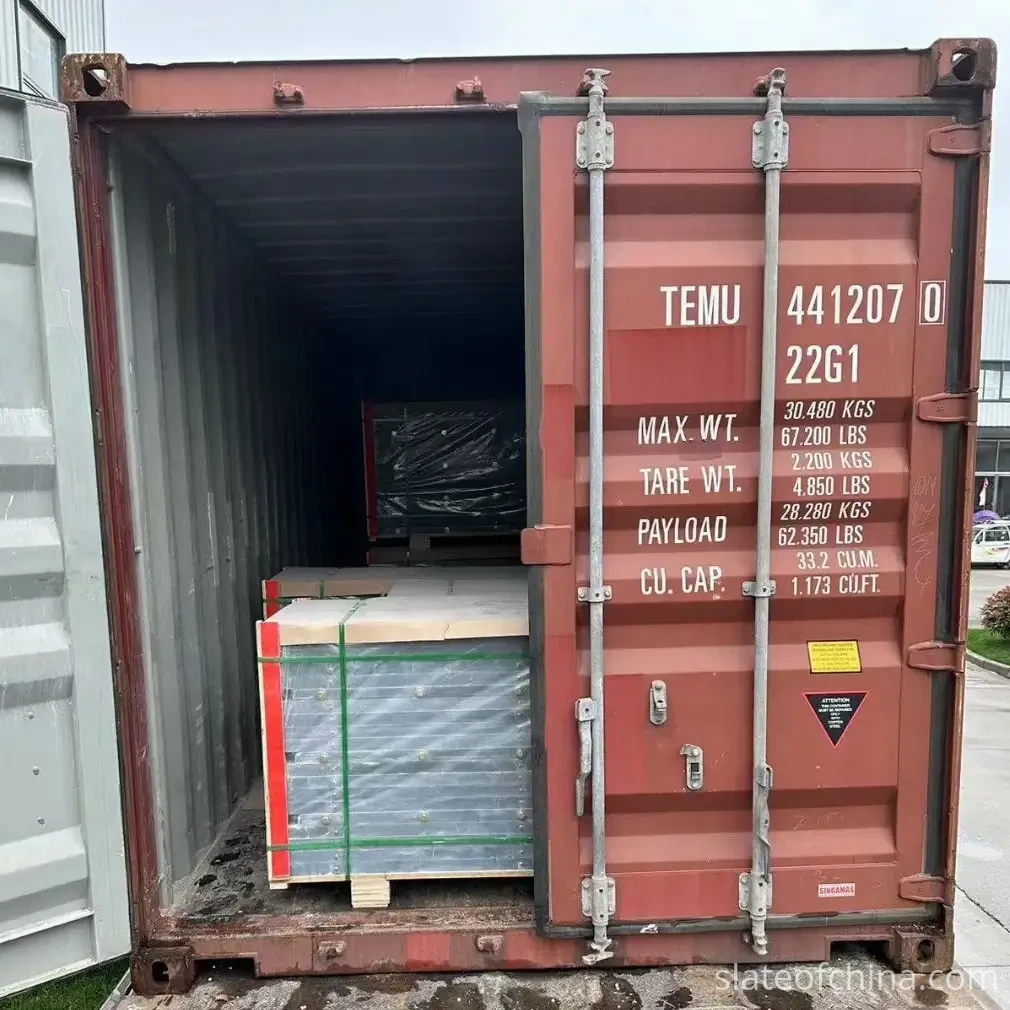 Container Number On The Doors — Billiard Slate Export Record Open container doors during loading with the container number TEMU 441207 0 and its load data stencilled on the door