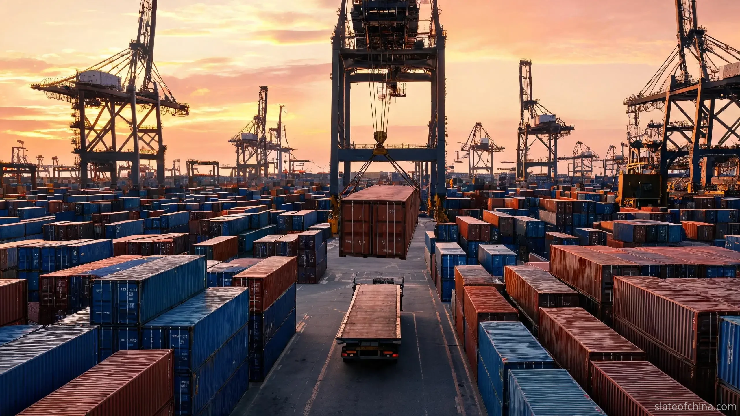 Container port with stacked containers and gantry cranes — billiard slate shipments typically travel by sea in 20ft containers