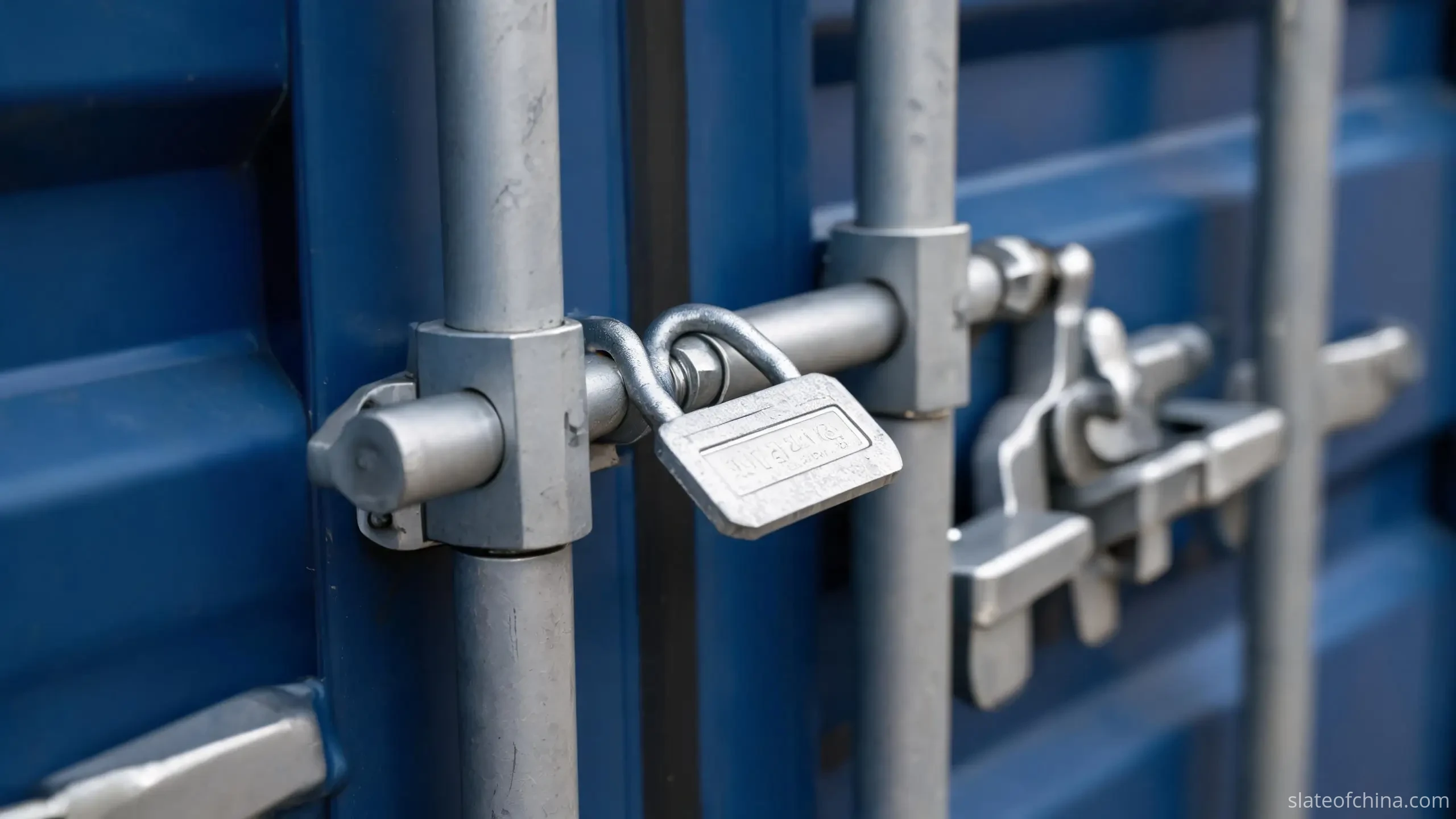 Container door seal and locking rods on a shipping container — the seal number must match the bill of lading before the doors are opened