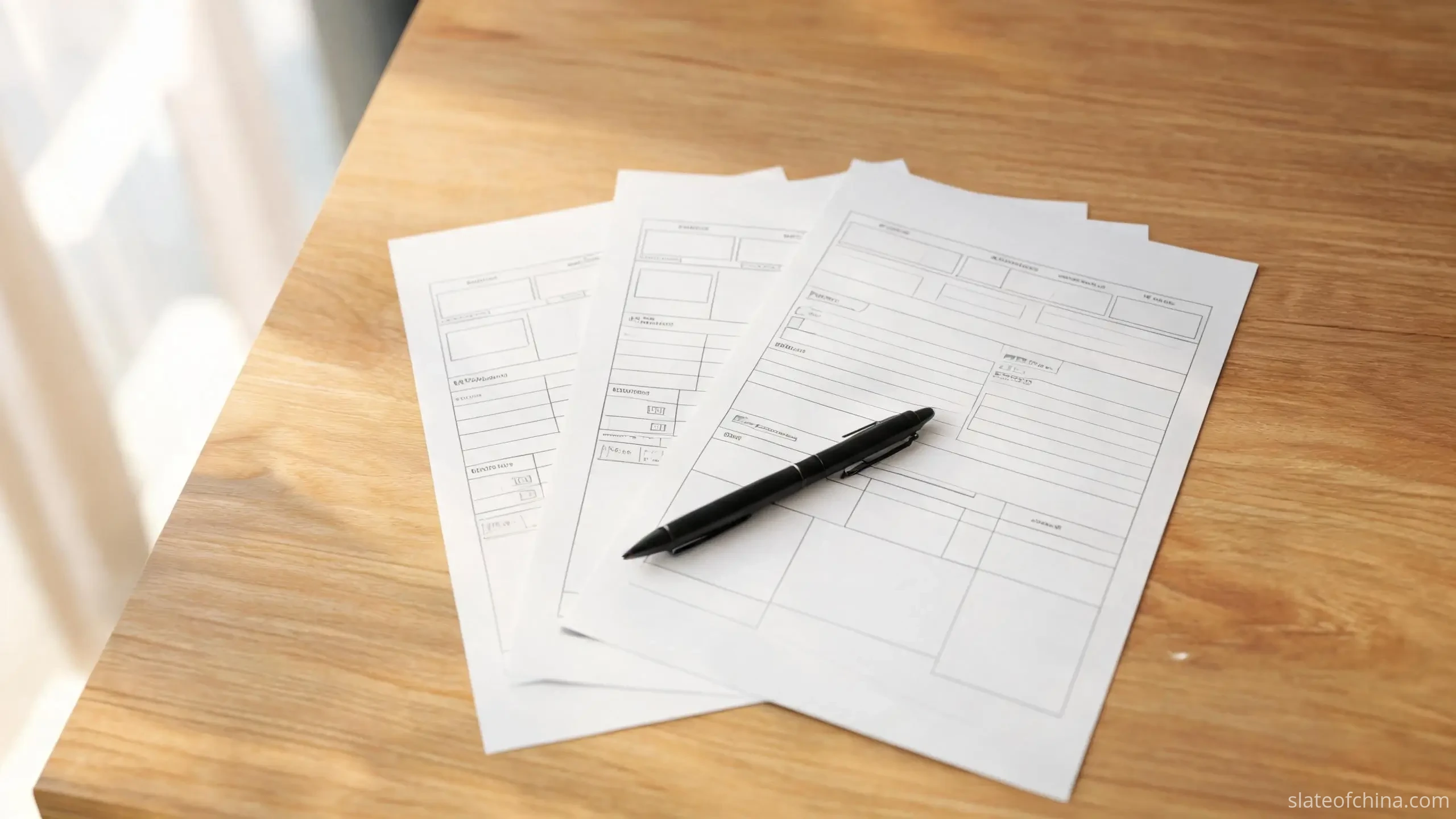 Shipping documents on a desk — commercial invoice, bill of lading and packing list for a billiard slate export shipment