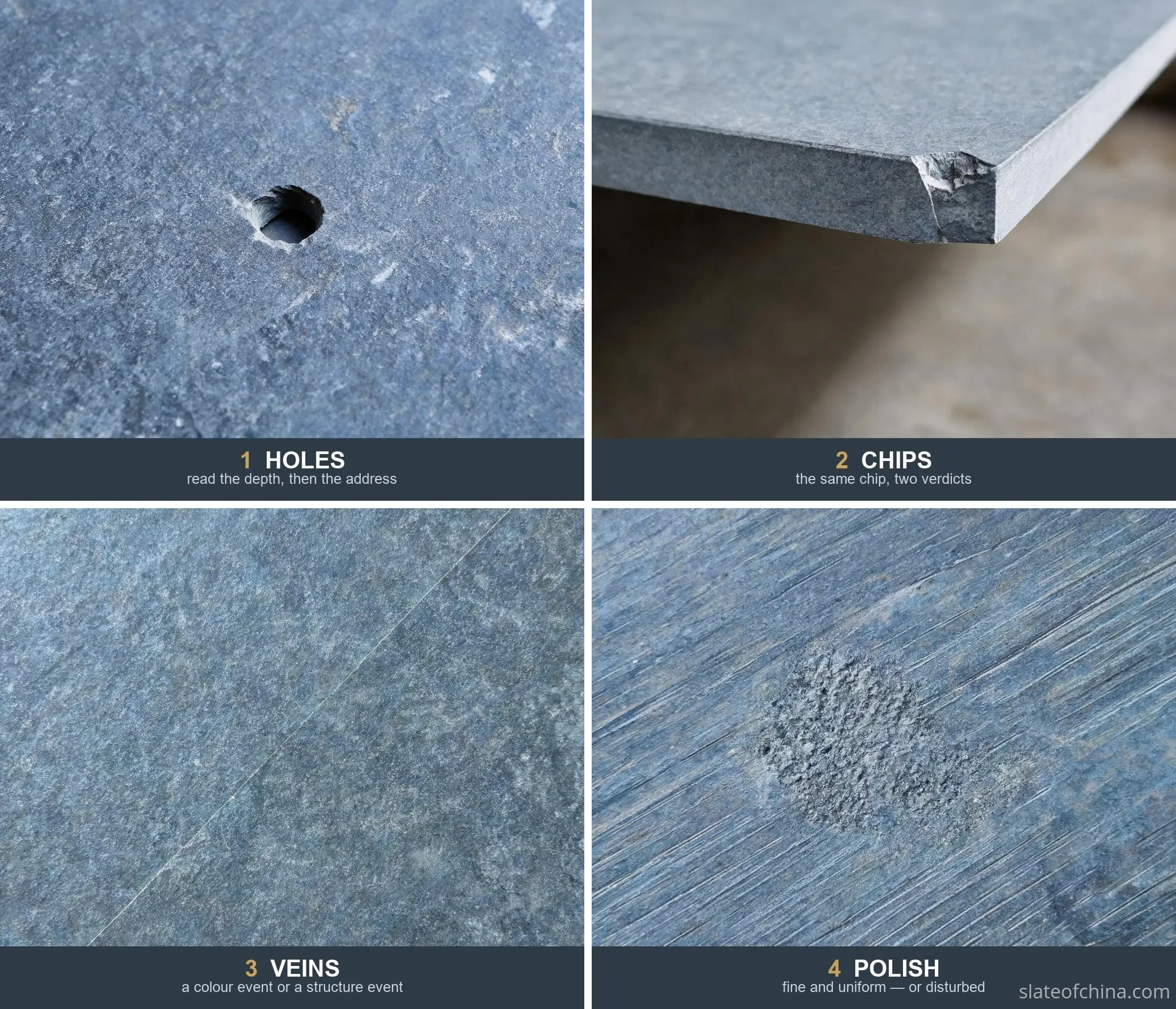 Surface Quality Inspection 1 Billiard slate surface inspection comparison — close-up views of an open hole, a chipped machined edge, a closed natural mineral vein and a rough patch in the ground finish
