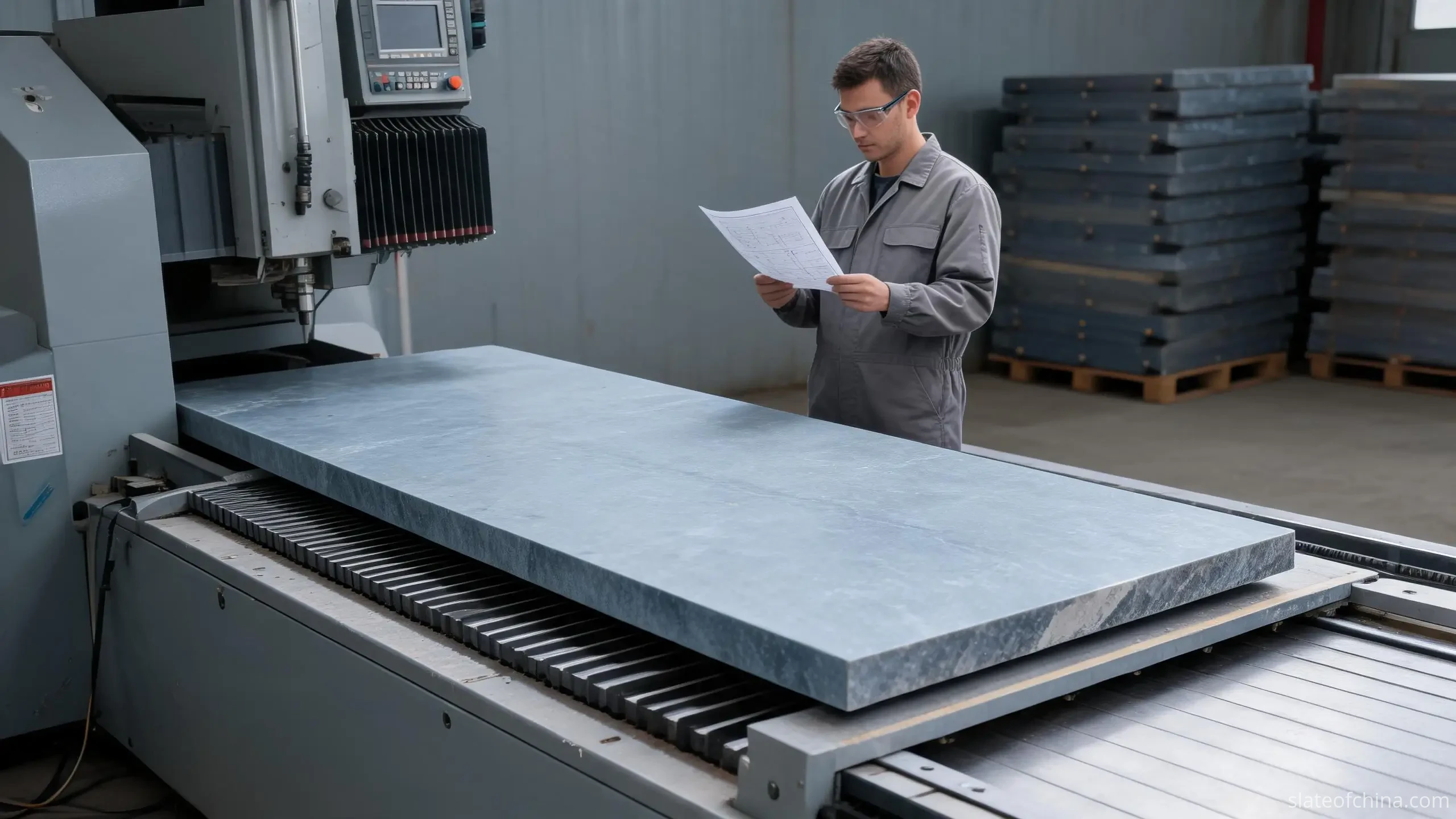 CNC programmer standing beside a machining centre holding a technical drawing, with a bare slate panel on the machine bed