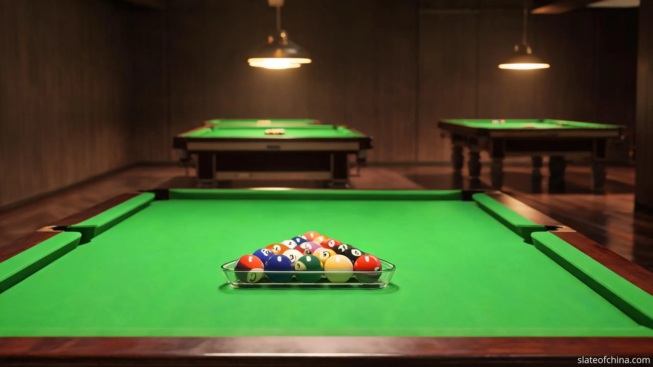 Green-cloth pool table with racked balls in a modern billiard club, further tables softly blurred behind