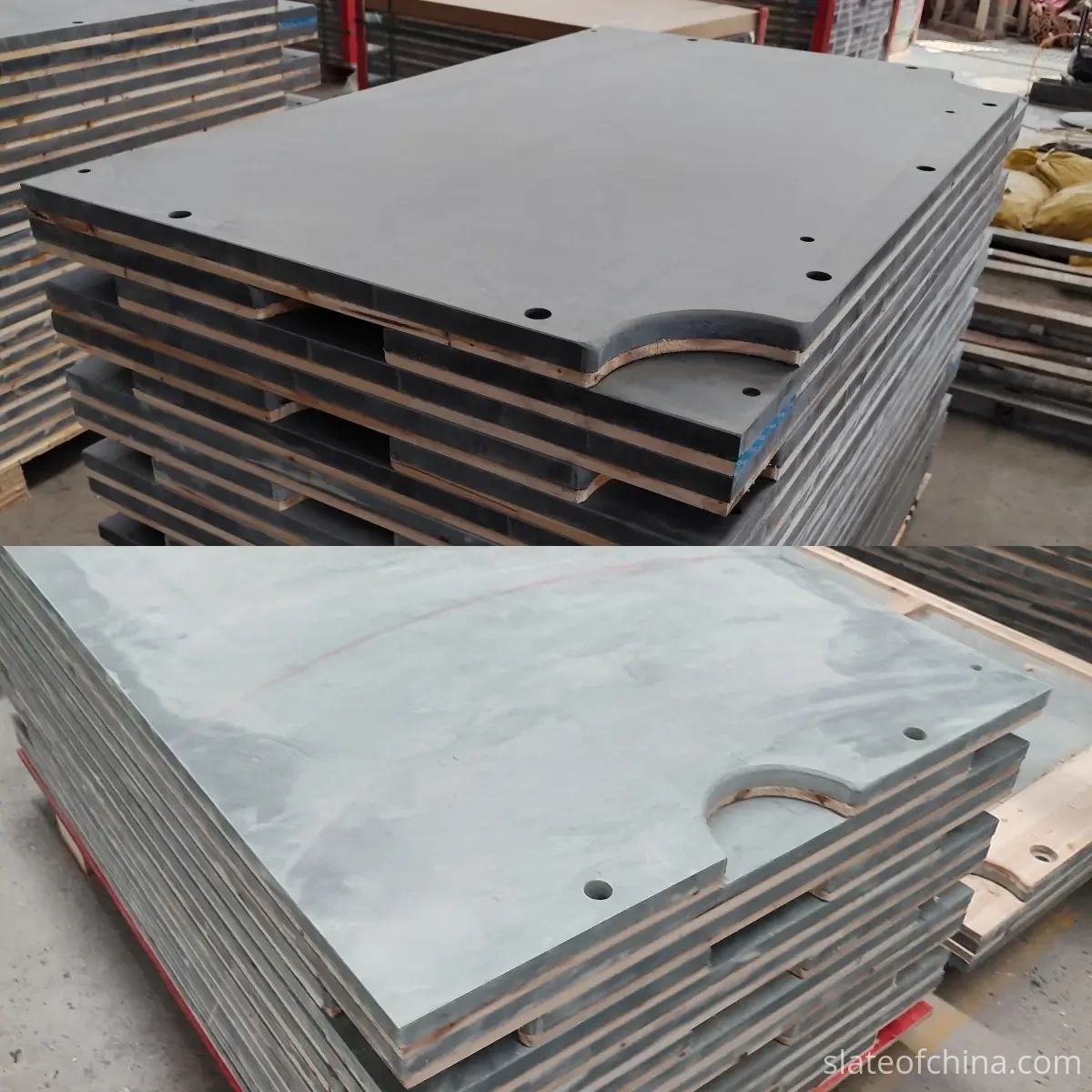 Corner vs side pocket opening geometry comparison Two stacks of custom-cut slate panels showing different pocket cutout shapes