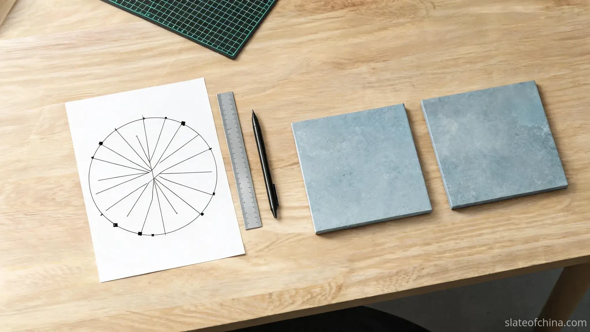 Illustrative designer's desk with a geometric artwork proof sheet, ruler and two blank blue-grey slate tiles