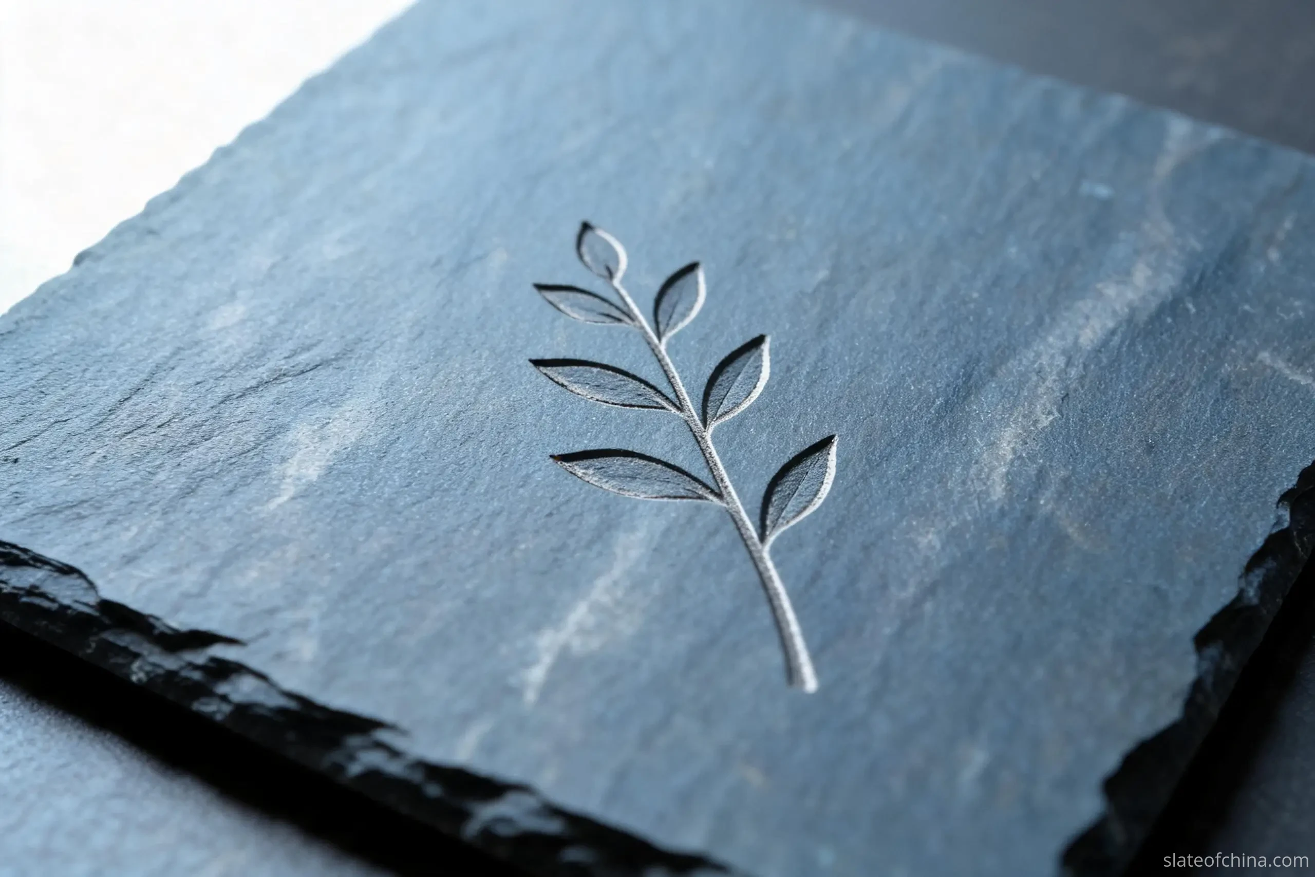 Why Jiujiang Slate Is Ideal for Crafts 4 Macro detail of a thin engraved botanical line motif in pale grey on the honed blue-grey face of a slate coaster, raking light revealing the shallow groove
