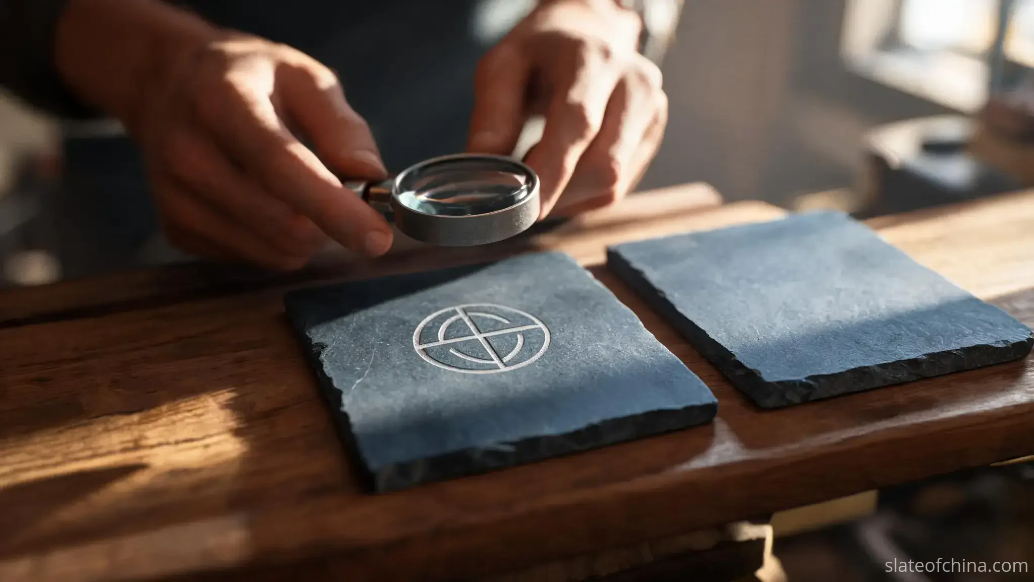 Illustrative close-up of hands examining an engraved slate tile with a jeweller's loupe under raking window light