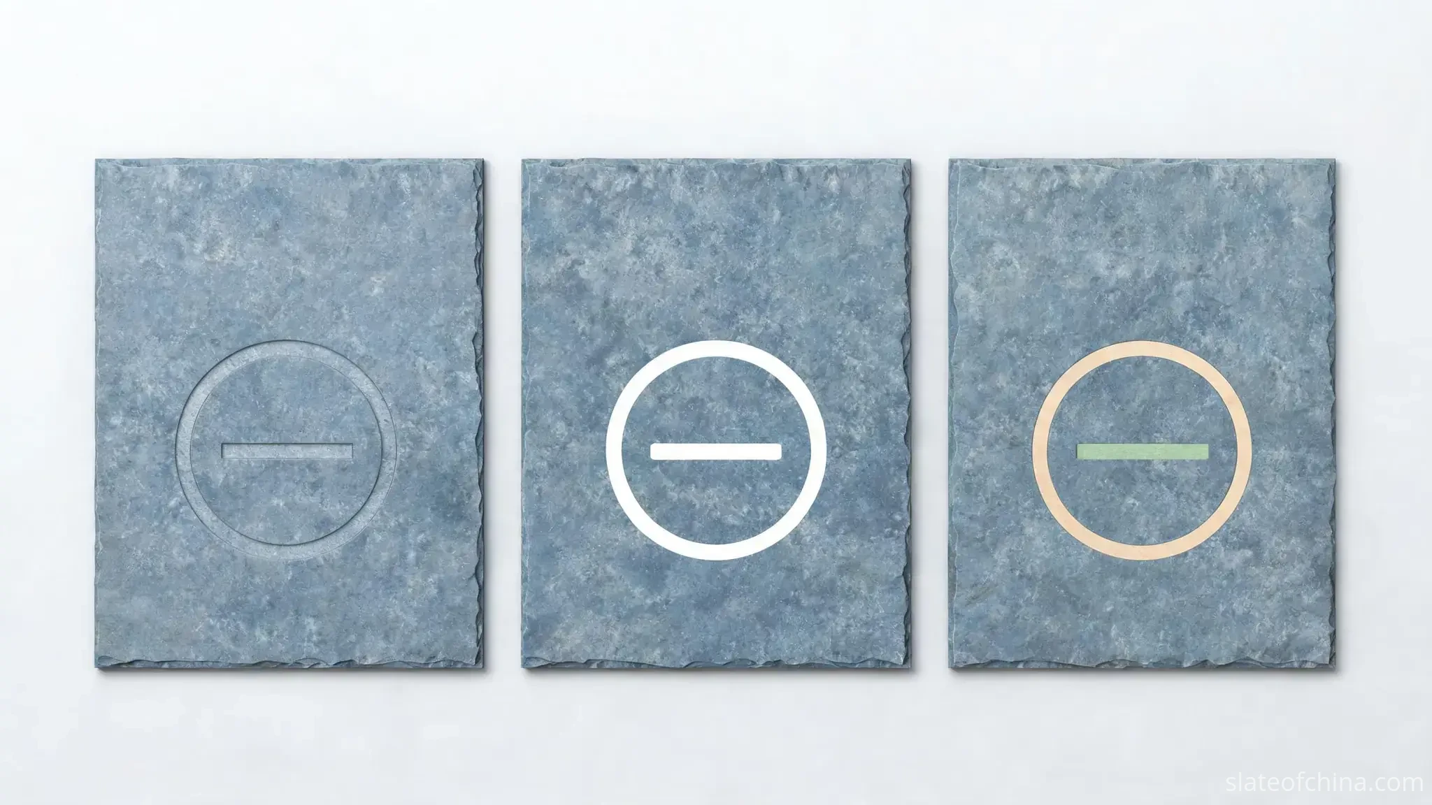 Illustrative row of three identical dark slate tiles bearing an engraved mark, a solid printed mark and a multicolour printed emblem