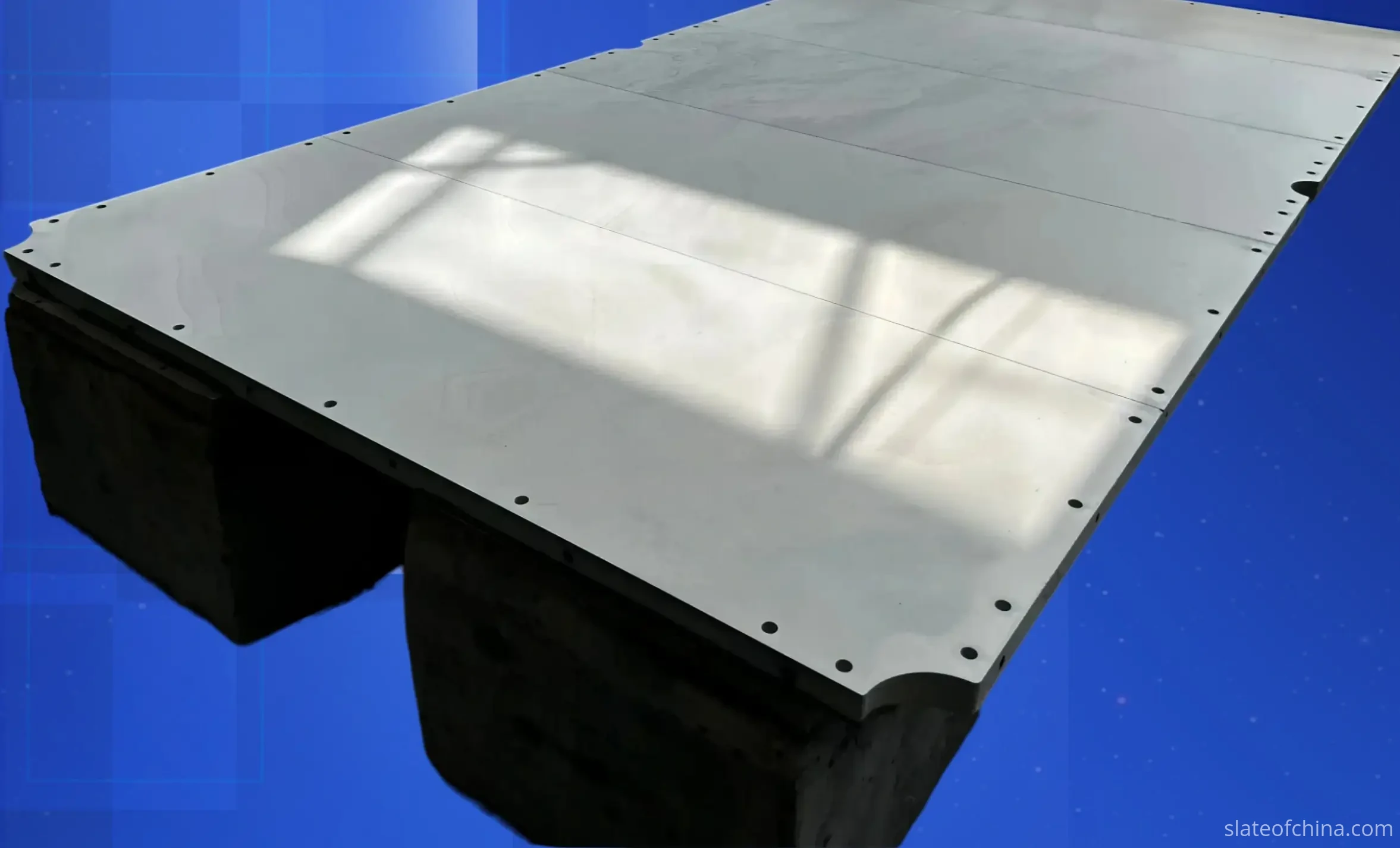 Five-Piece Slate Set — Inspection Layout Five billiard slate panels laid flat side by side in a row for set inspection