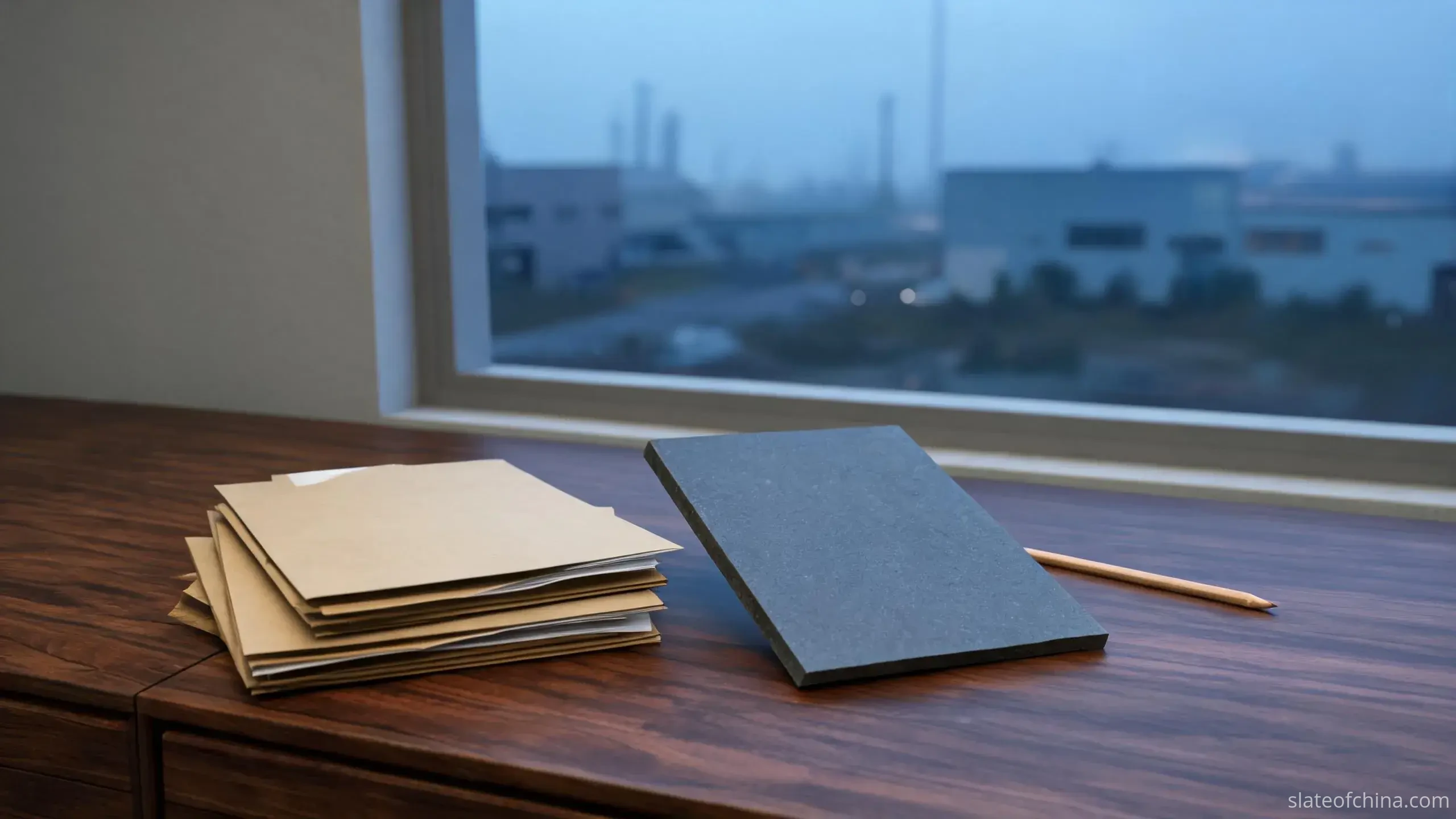 An export desk at dusk with a stack of closed document folders, a plain blue-grey slate sample tile and a wooden pencil, factory silhouettes through the window