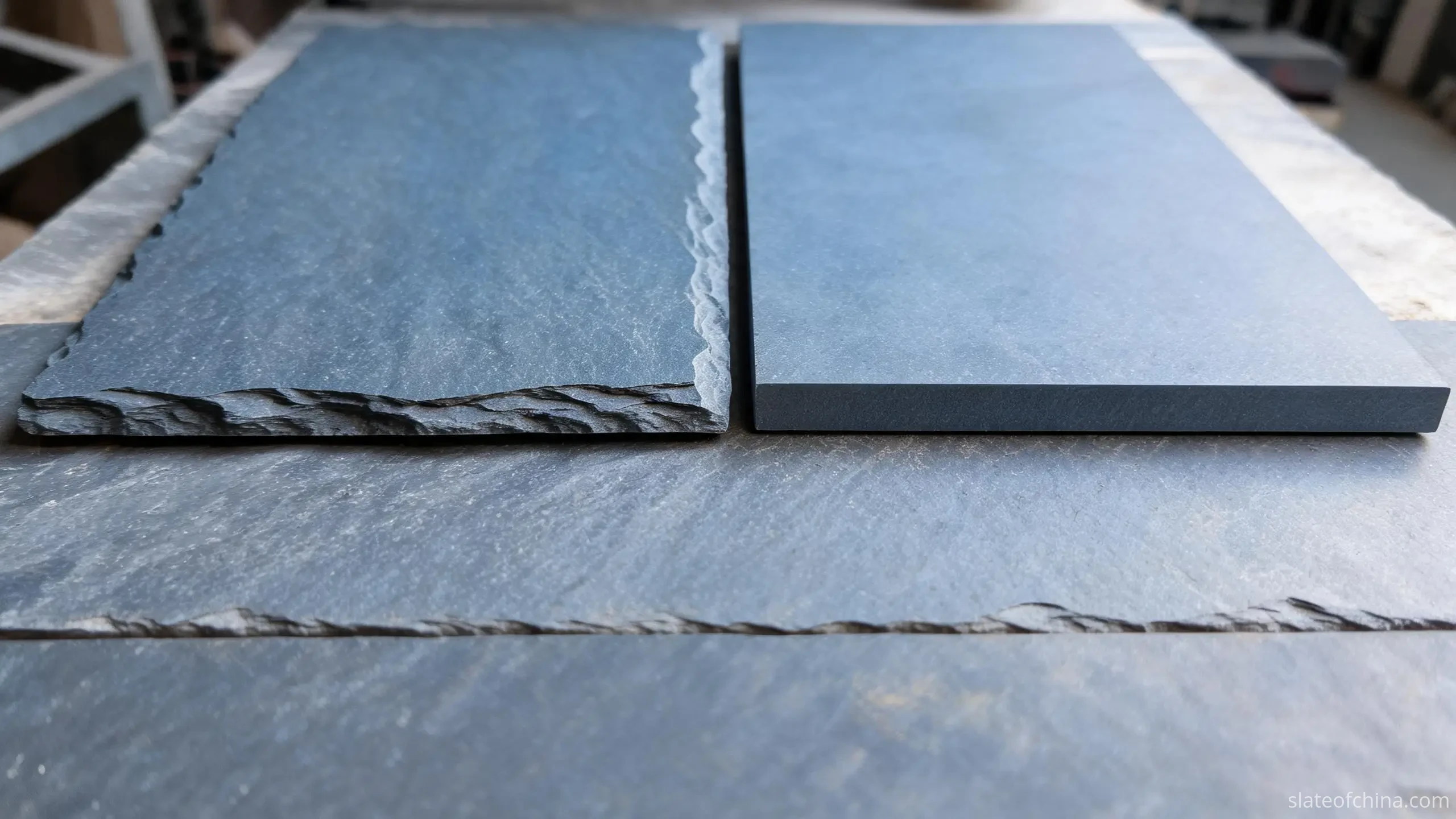 Two roofing slate tiles placed side by side, one showing a hand-rived irregular edge and one showing a crisp sawn edge