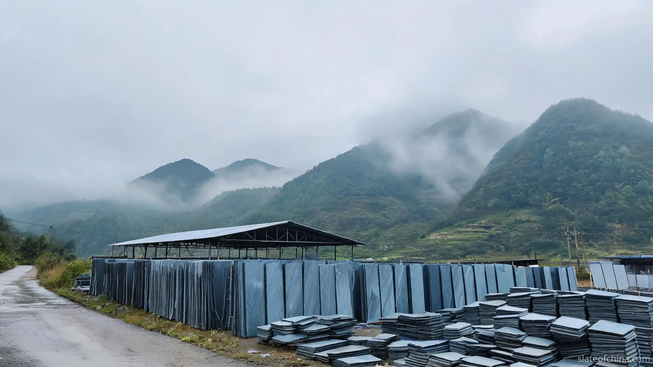 Slate processing sheds and stockpiles in the foothills below misty mountain slopes in the Jiujiang slate belt