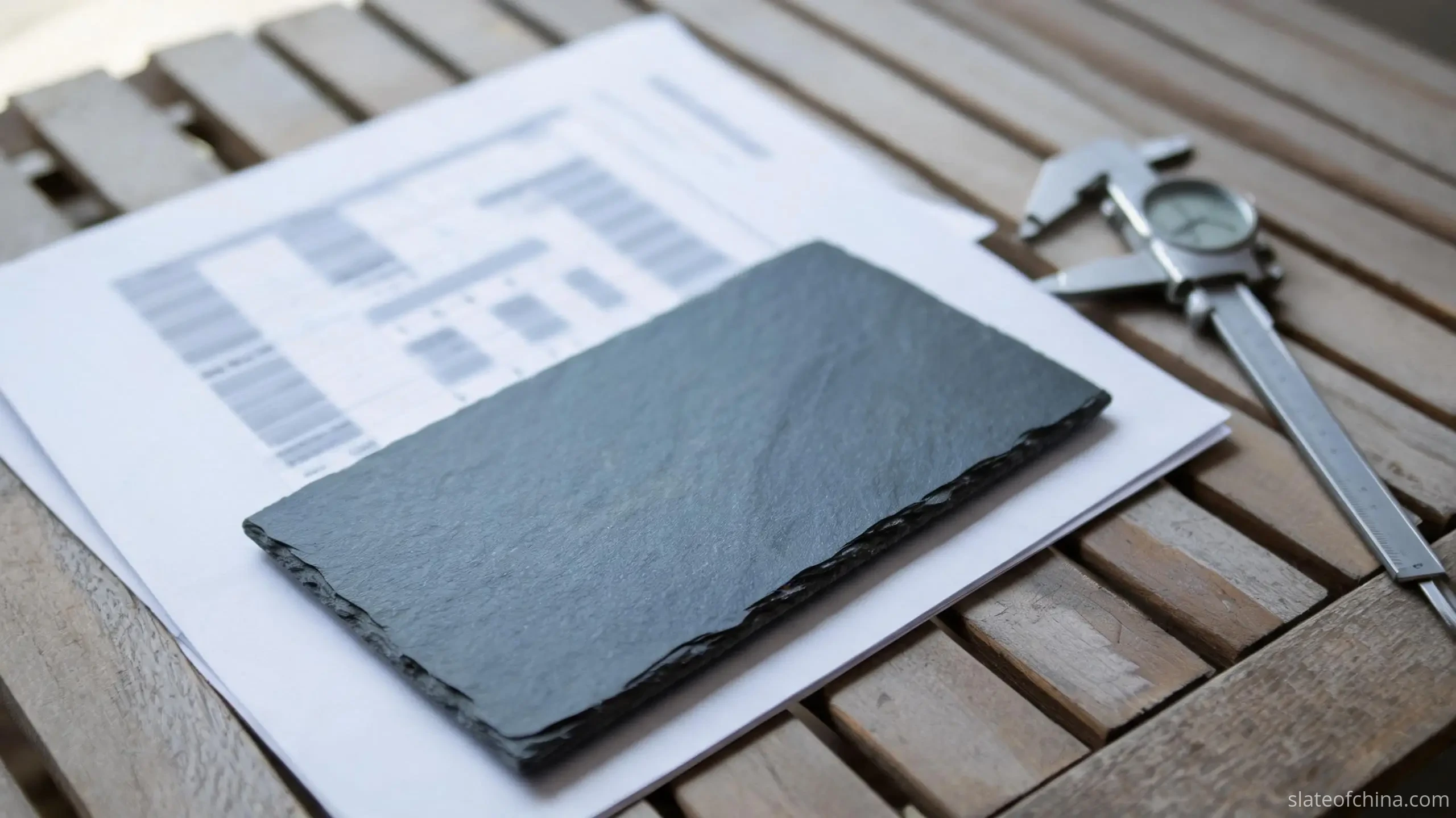 A single Jiujiang roofing slate sample lying on a printed quotation sheet with a vernier caliper beside it