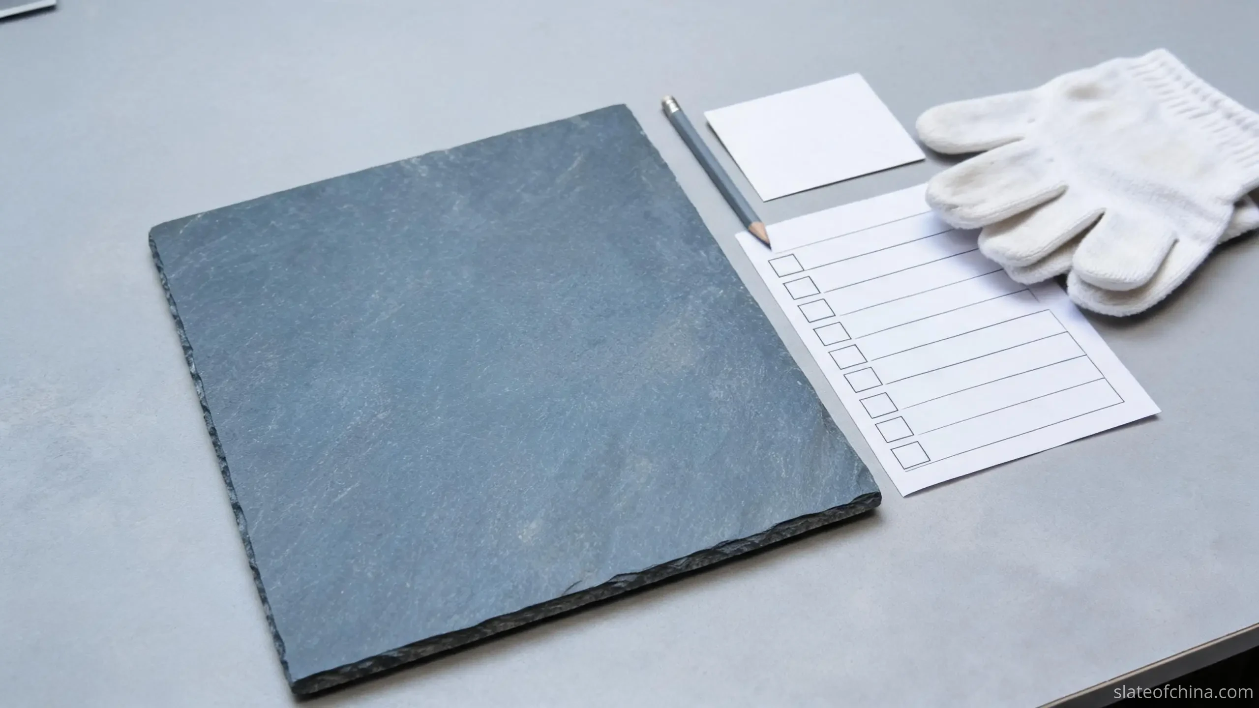 A blank inspection form on a slate factory desk with a sample tile, batch label card, pencil and cotton gloves