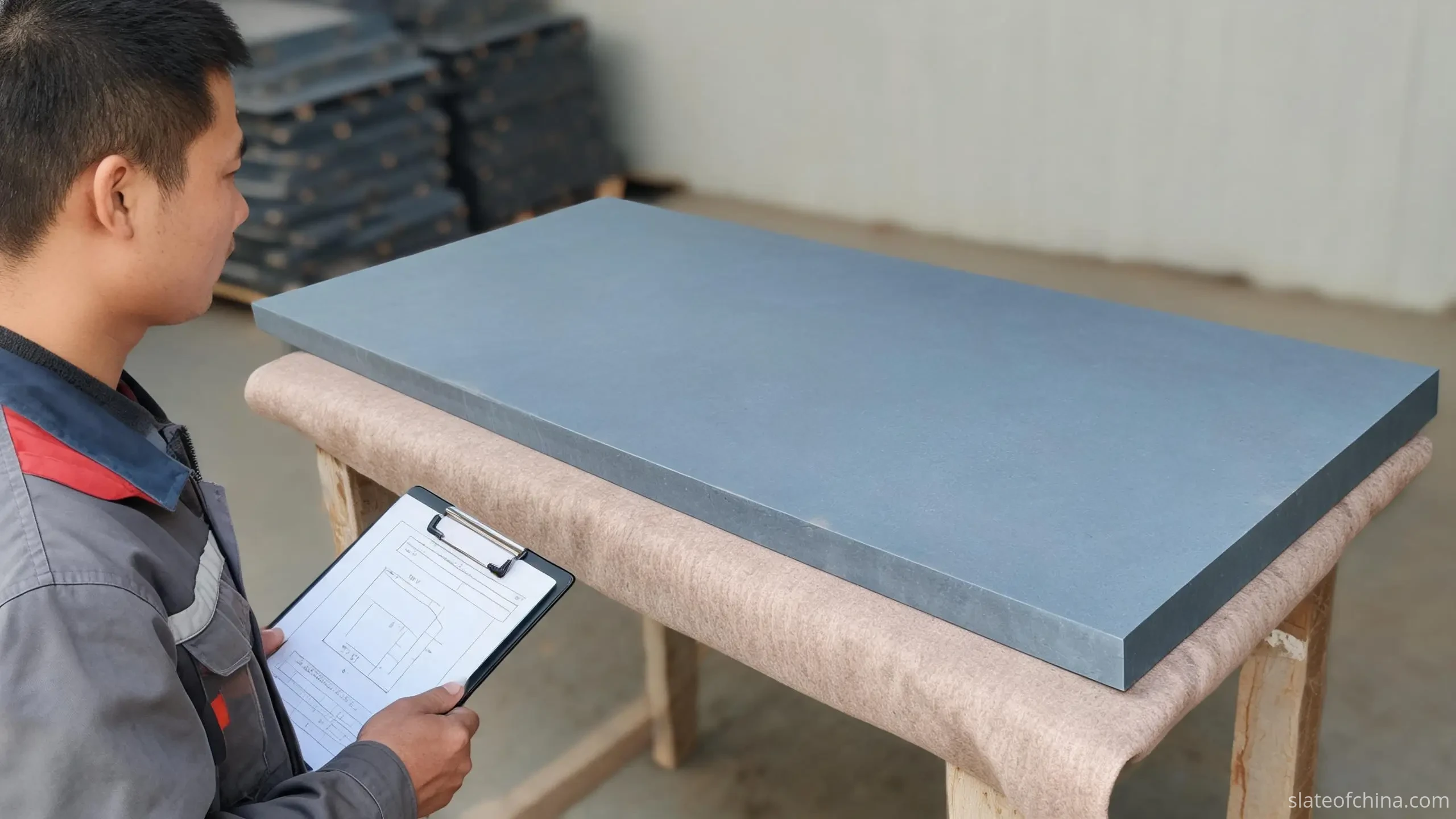 Quality inspector comparing a finished slate panel resting on padded trestles with a drawing held on a clipboard