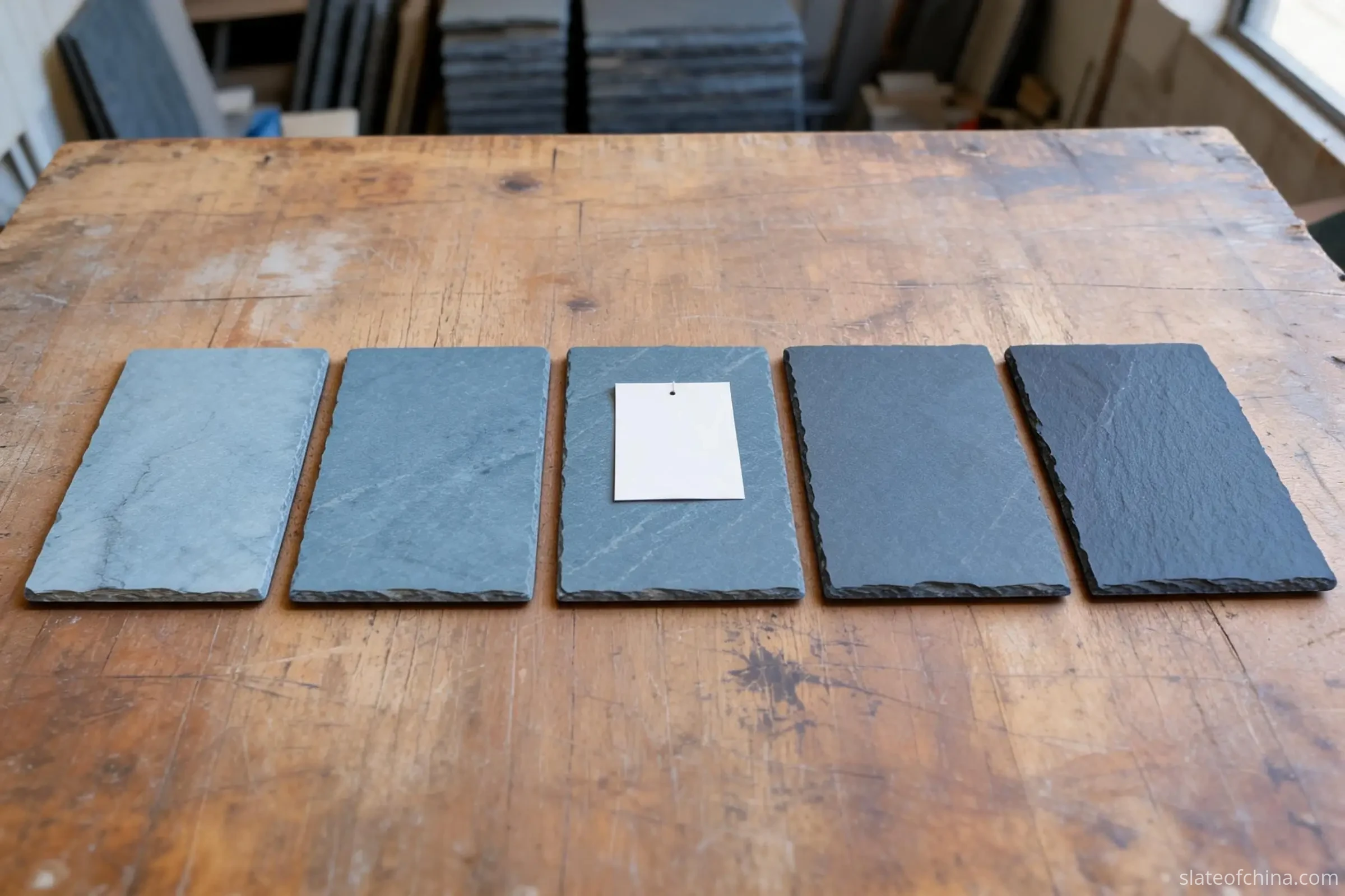 Jiujiang Slate Buyer Checklist 2 Five roofing slate sample tiles laid in a row on a workbench, the mid-tone tile marked as the reference