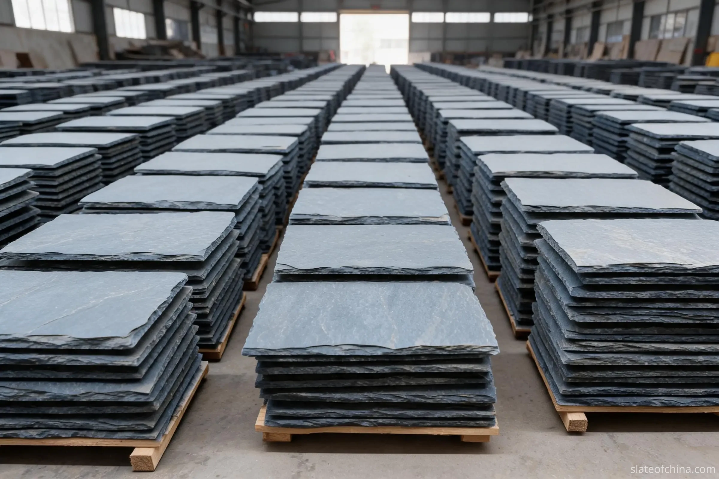 Jiujiang Slate Buyer Checklist 1 Rows of finished blue-grey roofing slate tiles stacked in a uniform export format inside a Jiujiang workshop