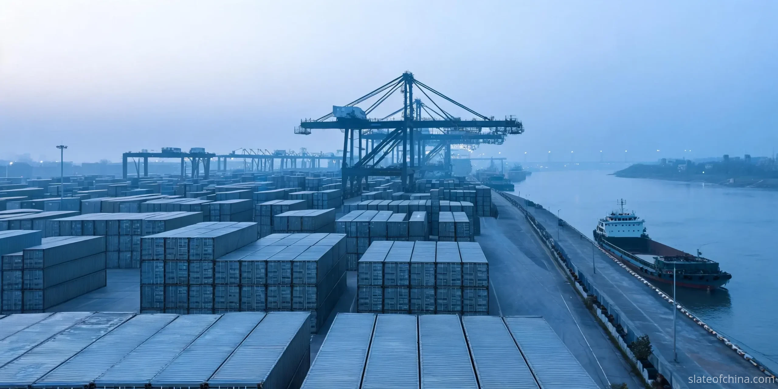 Rows of unmarked shipping containers under a gantry crane at a Chinese river port at dusk