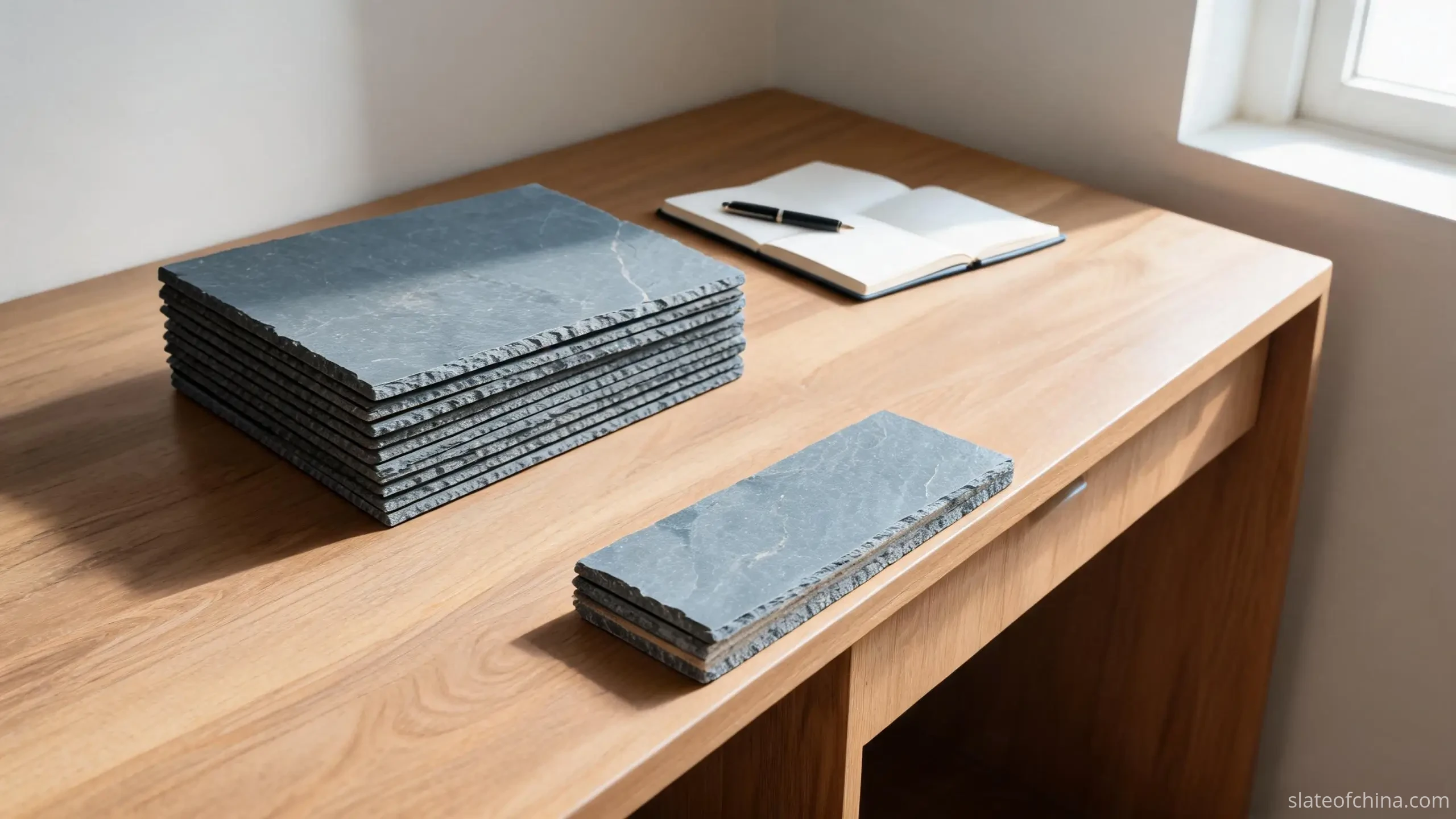 Jiujiang Slate Samples on the Enquiry Desk — FAQ A stack of blue-grey roofing slate tiles and a machined billiard slate sample laid on a wooden enquiry desk beside an open notebook