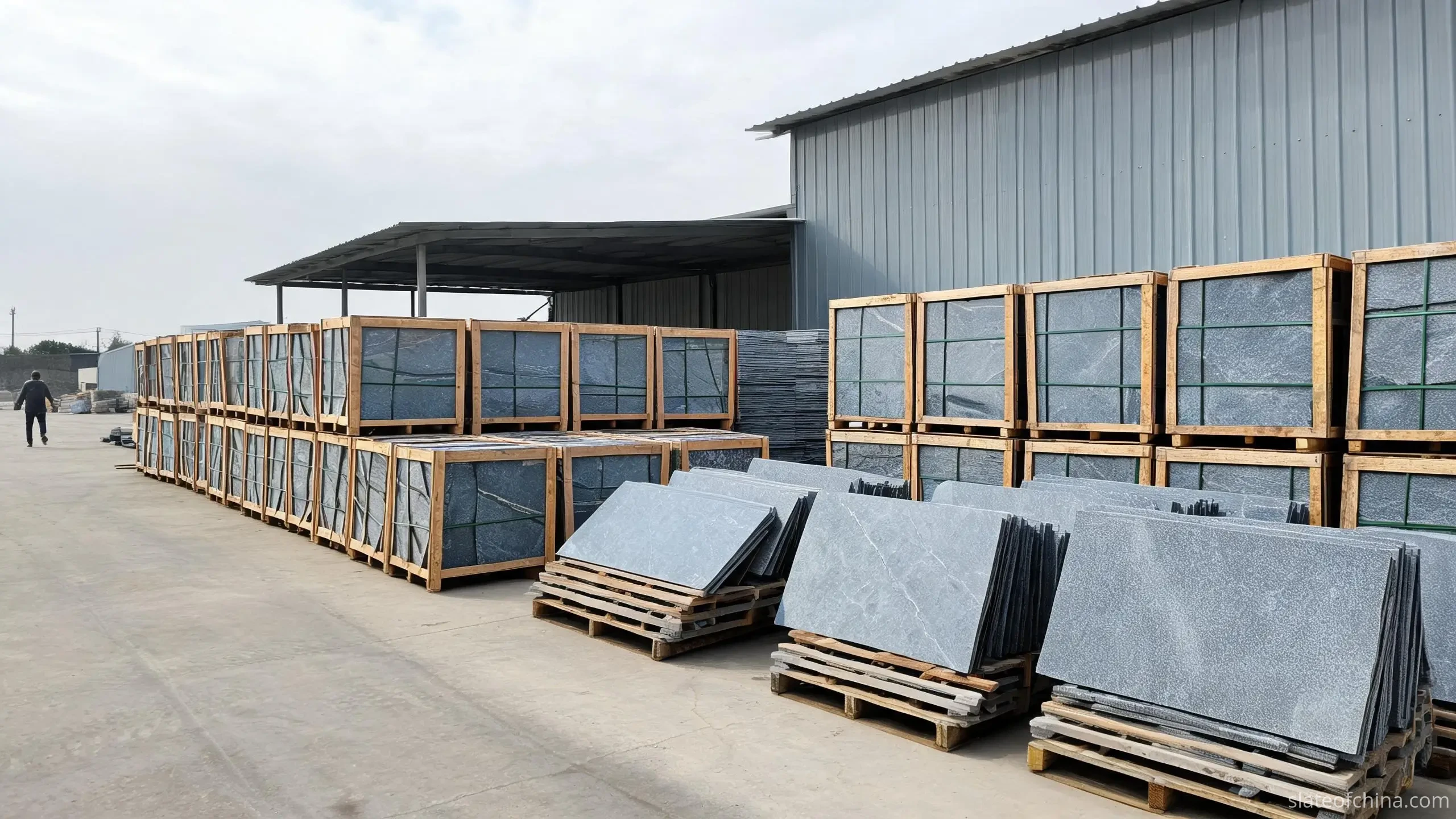 Jiujiang Slate Factory Yard with Export Crates A slate factory yard with stacked wooden export crates and pallets of slate panels under a bright overcast sky