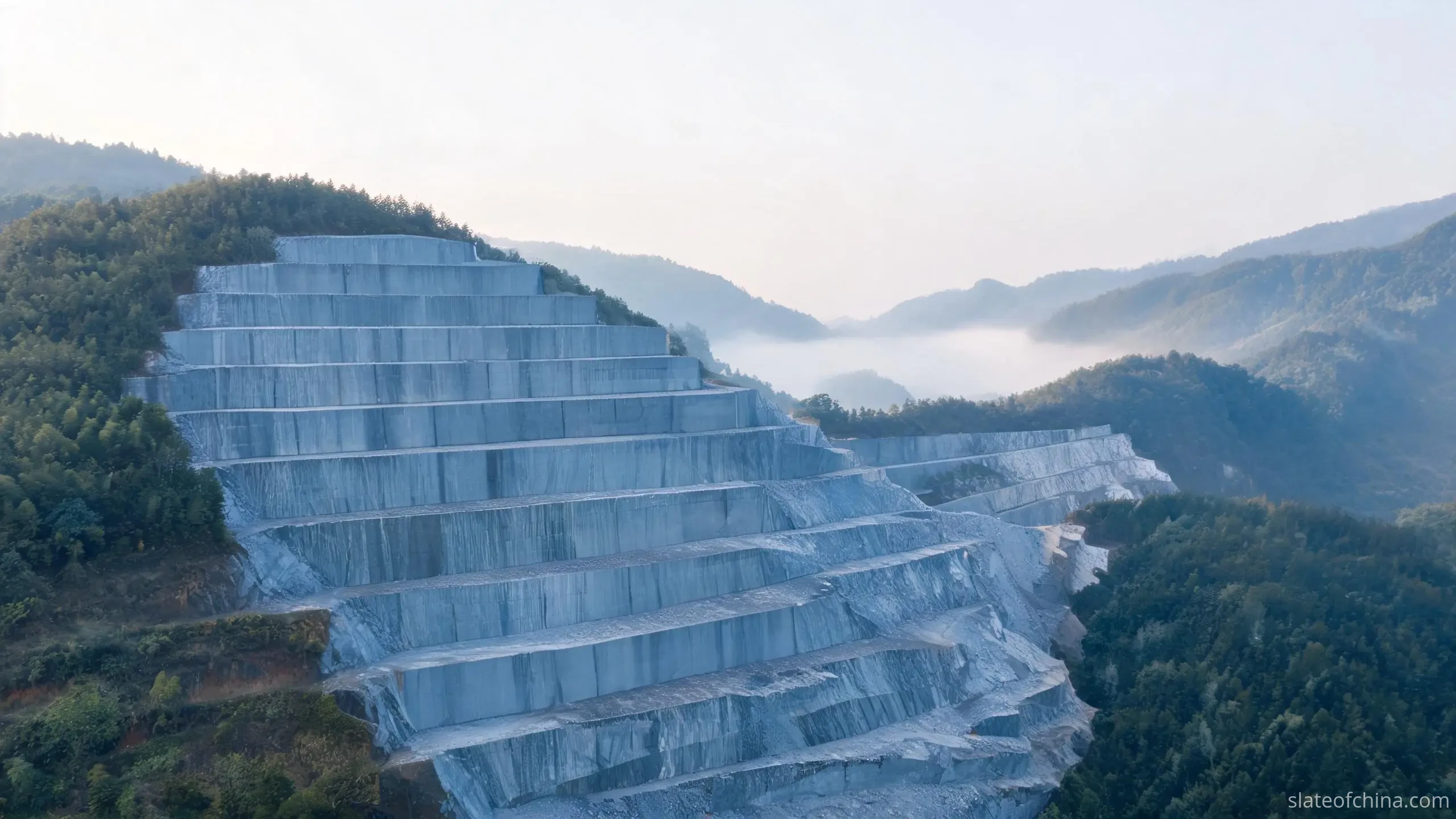 Slate Quarry Terraces in the Jiujiang Region Slate quarry benches cut into a green hillside in the Lushan and Xingzi belt, grey-blue rock faces in morning light