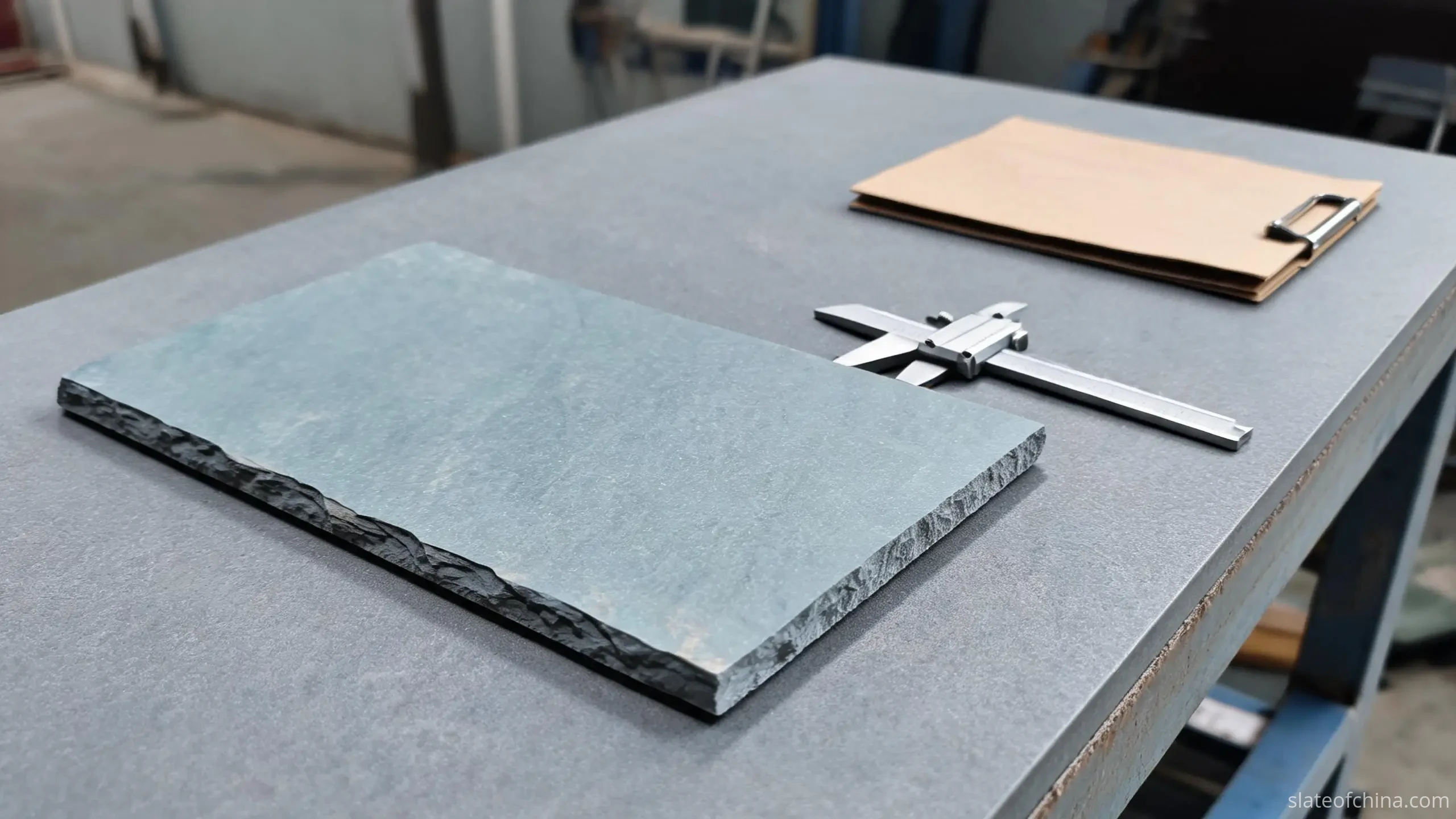 Test Report and Slate Tile on the Inspection Bench A slate roofing tile, a stainless caliper and a closed test report folder arranged on an inspection bench