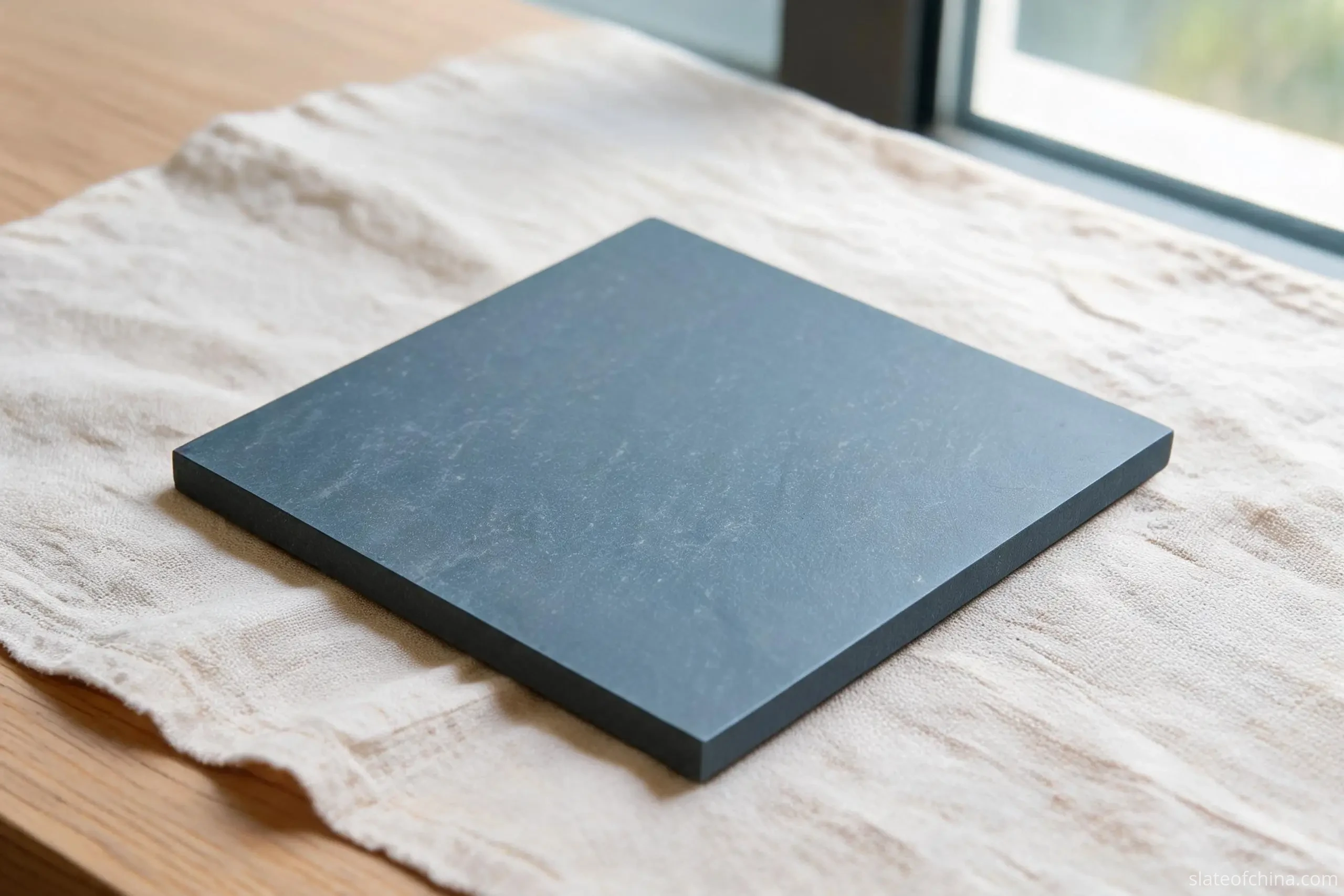Why Jiujiang Slate Is Ideal for Crafts 1 A machined square slate coaster in cool muted blue-grey, photographed at reading distance on pale linen, fine-grained near-uniform surface with crisp straight edges under soft window daylight