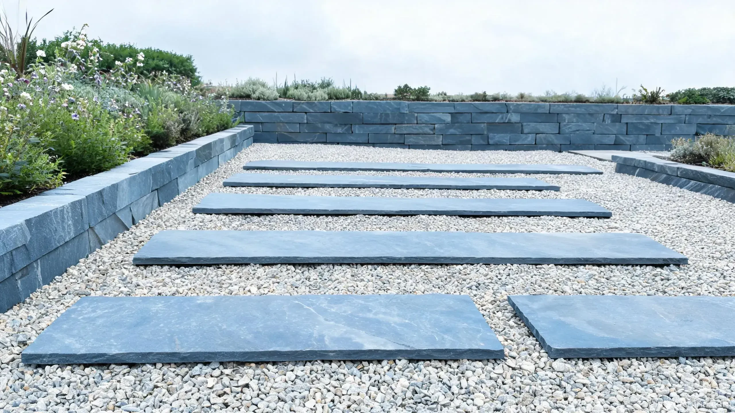 Jiujiang Slate for Outdoor Architecture 4 Illustrative view of rectangular blue-grey slate stepping stones crossing a gravel strip beside a slate kerb edging a planting bed