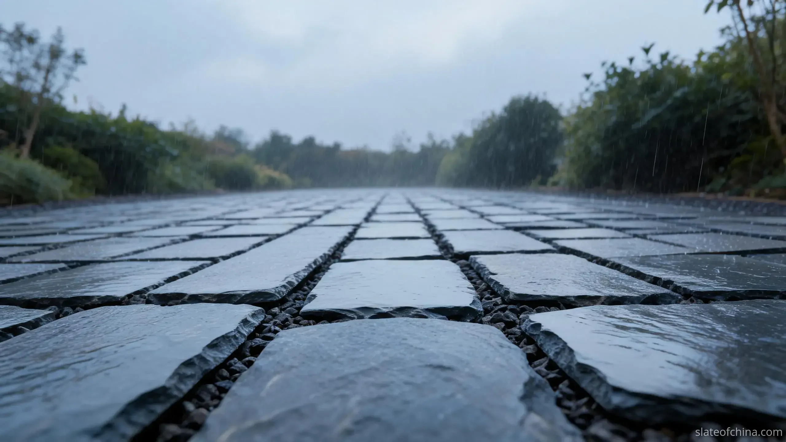 Jiujiang Slate Paving & Flooring 4 Close-up of rain-wet natural cleft slate paving surface with subtle riven ripple, thin water film, wide wet gravel joints