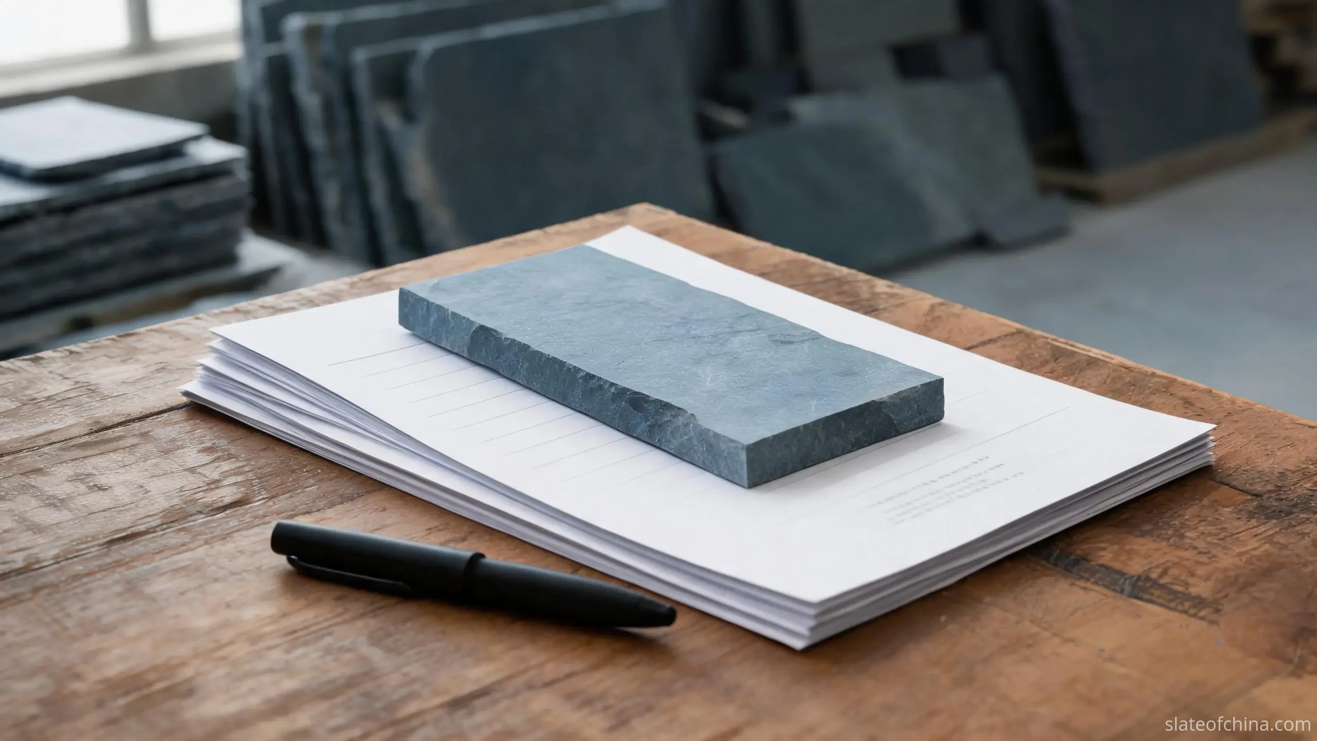 Jiujiang Slate Supply Chain 4 A slate offcut resting on a stack of out-of-focus quotation sheets on a wooden desk