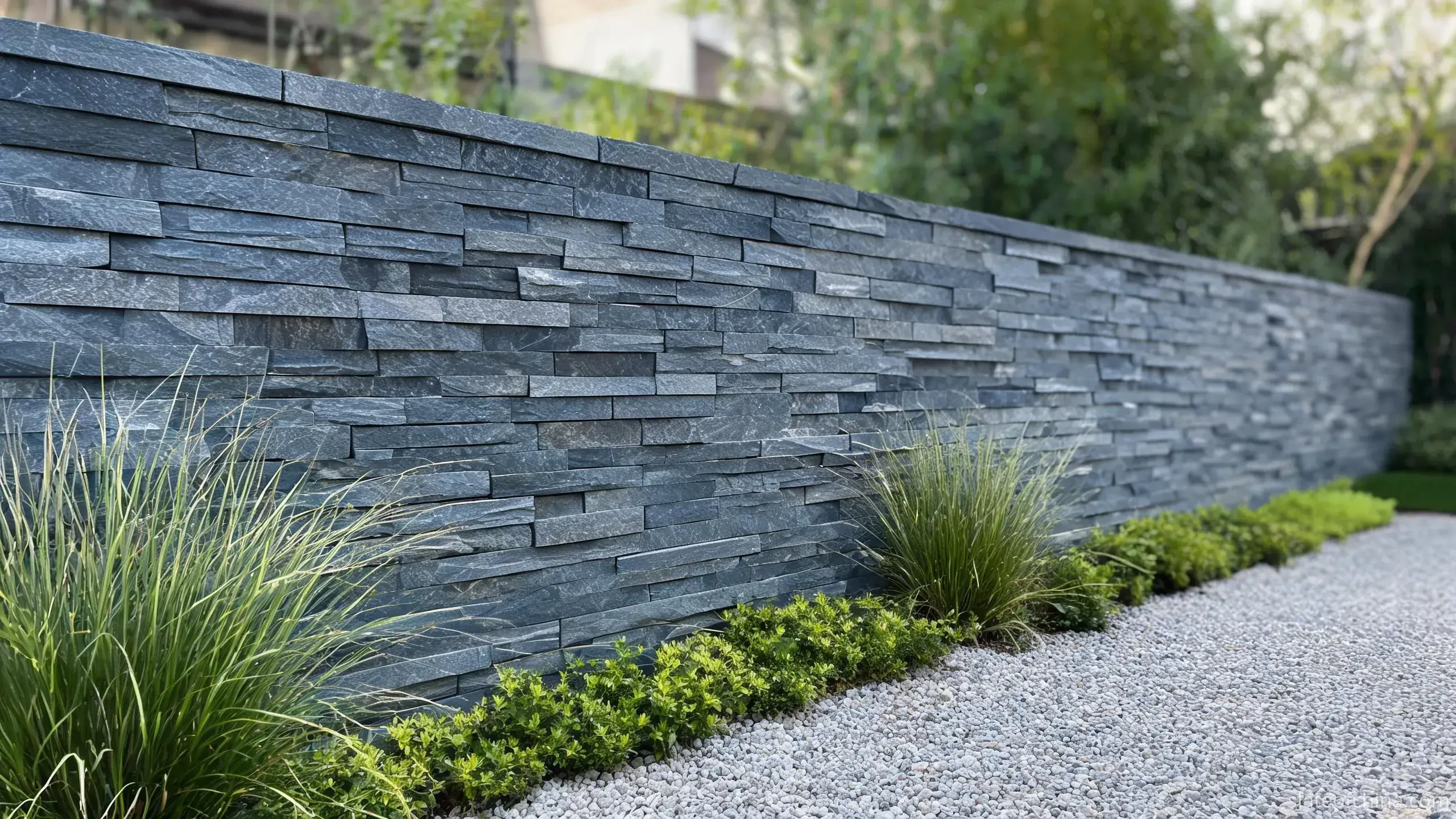 Jiujiang Slate Wall Cladding 1 Garden boundary wall clad in natural cleft blue-grey slate ledger cladding with staggered courses and planting at the base
