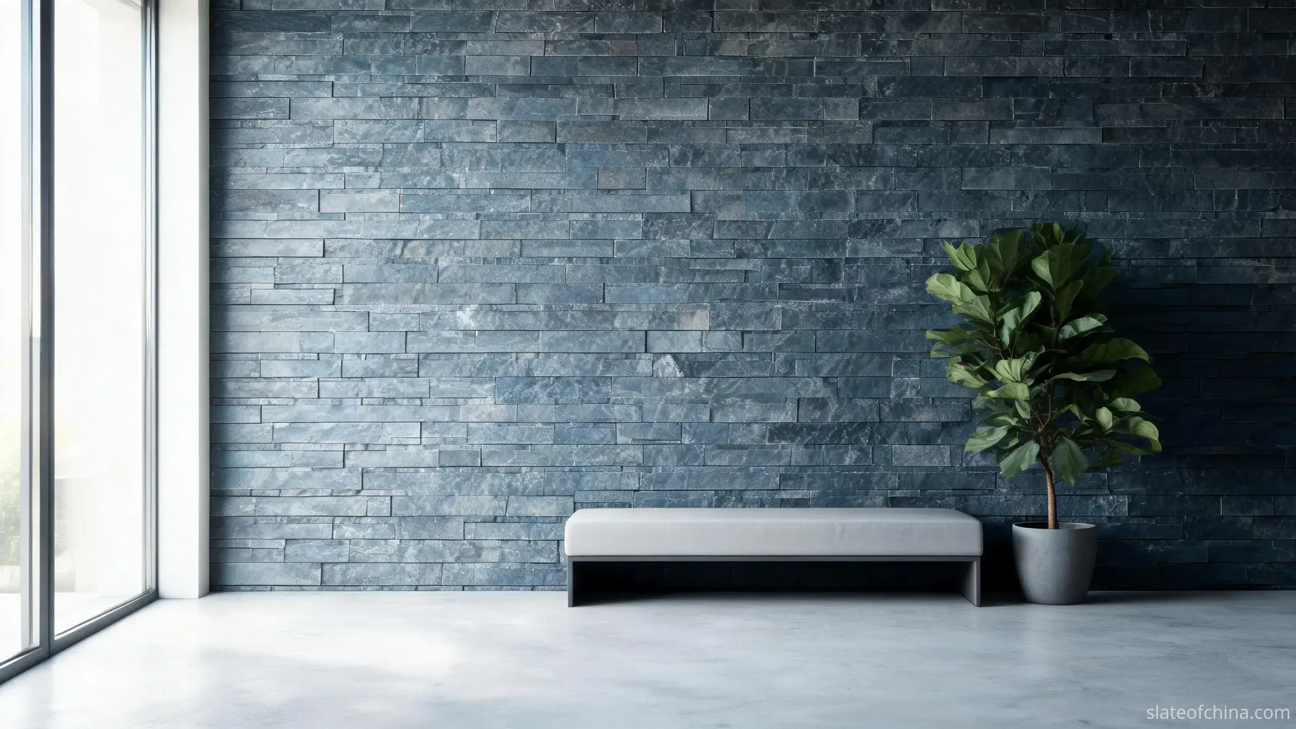 Jiujiang Slate Wall Cladding 4 Interior feature wall clad in rectangular dressed blue-grey slate panels with crisp sawn edges and tight even joints in a minimalist space