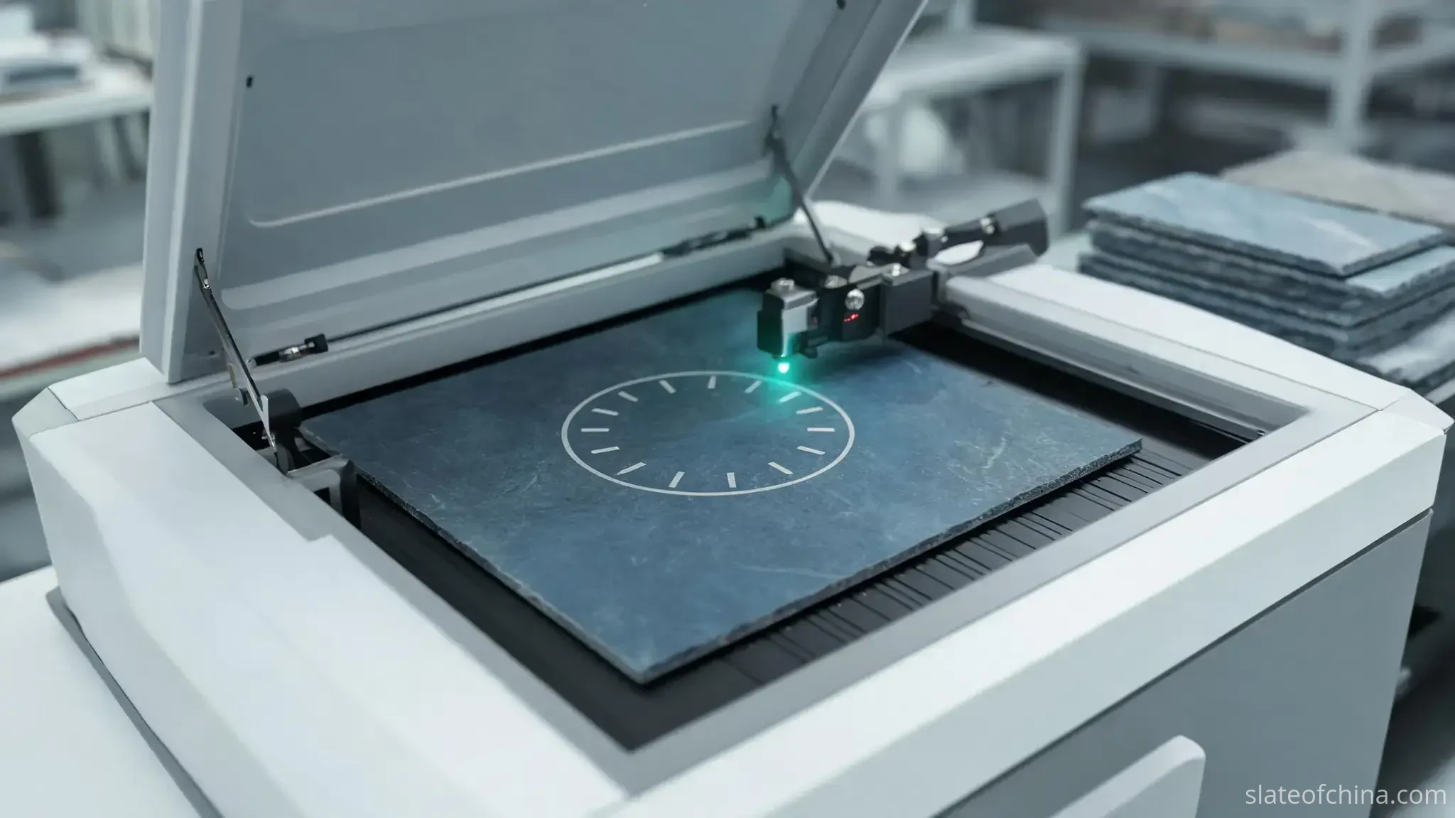 Illustrative close-up of a laser engraving machine marking a dark blue-grey slate tile with a pale geometric emblem